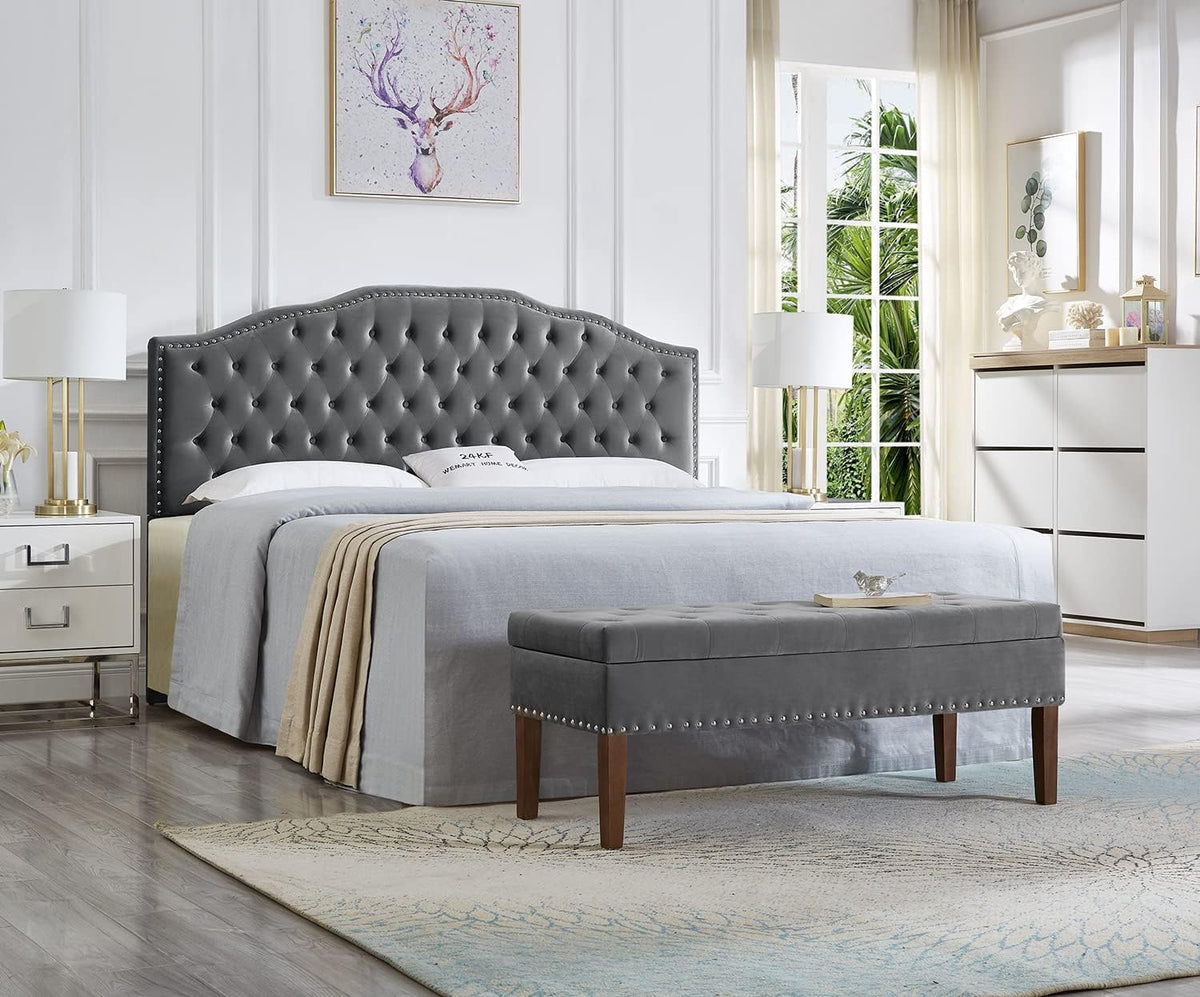 24KF Upholstered Button Tufted King Size Headboard with Nailhead Trim, Soft Velvet Fabric Headboard King/Cal King Size -Dark Gray