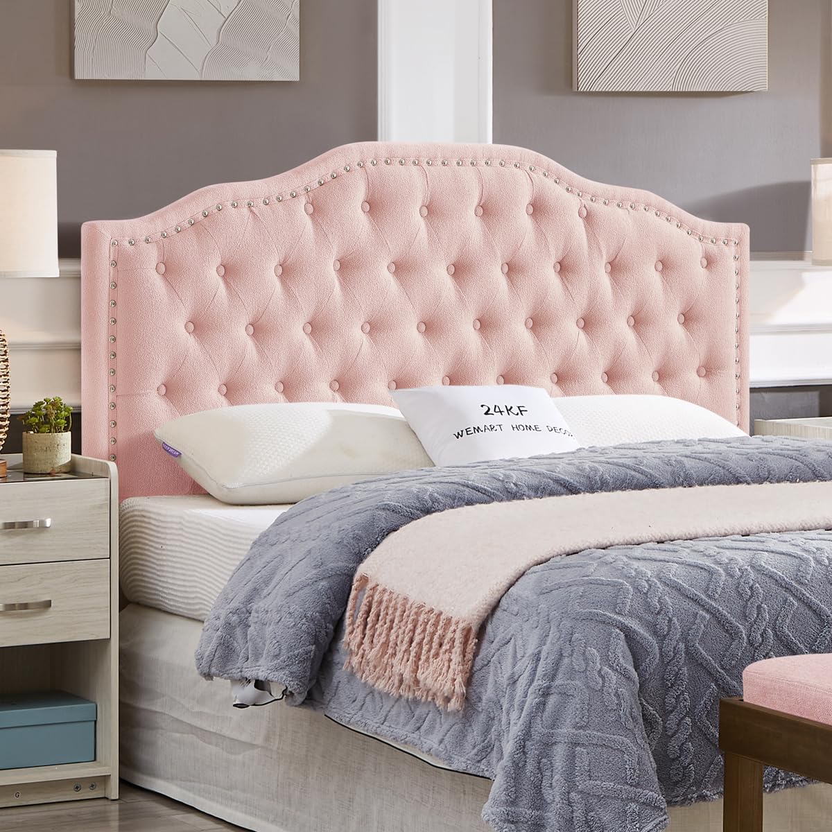 24KF Upholstered Button Tufted King Size Headboard with Nailhead Trim, Soft Velvet Fabric Headboard King/Cal King Size -Dark Gray