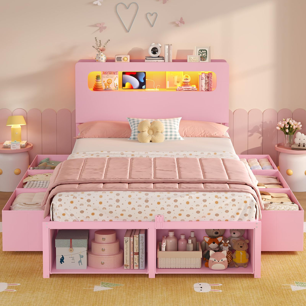 ADORNEVE Twin Bed Frame with 6 Storage Drawers & LED Headboard, Black