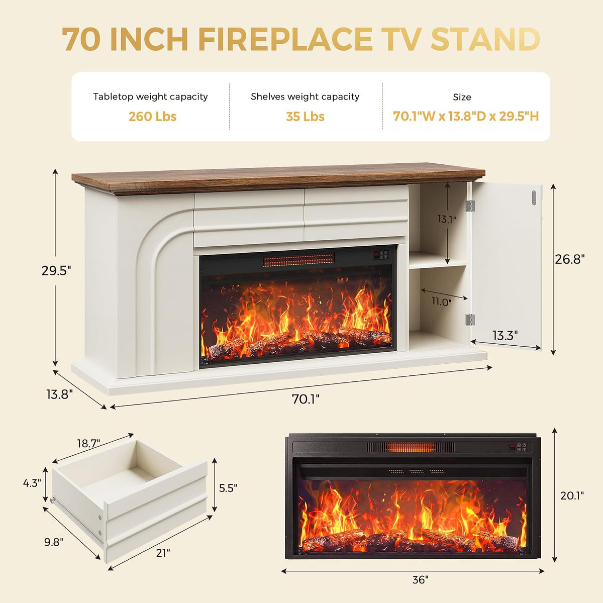 MapleGrace 70" Farmhouse Fireplace TV Stand with 36" Fireplace, White
