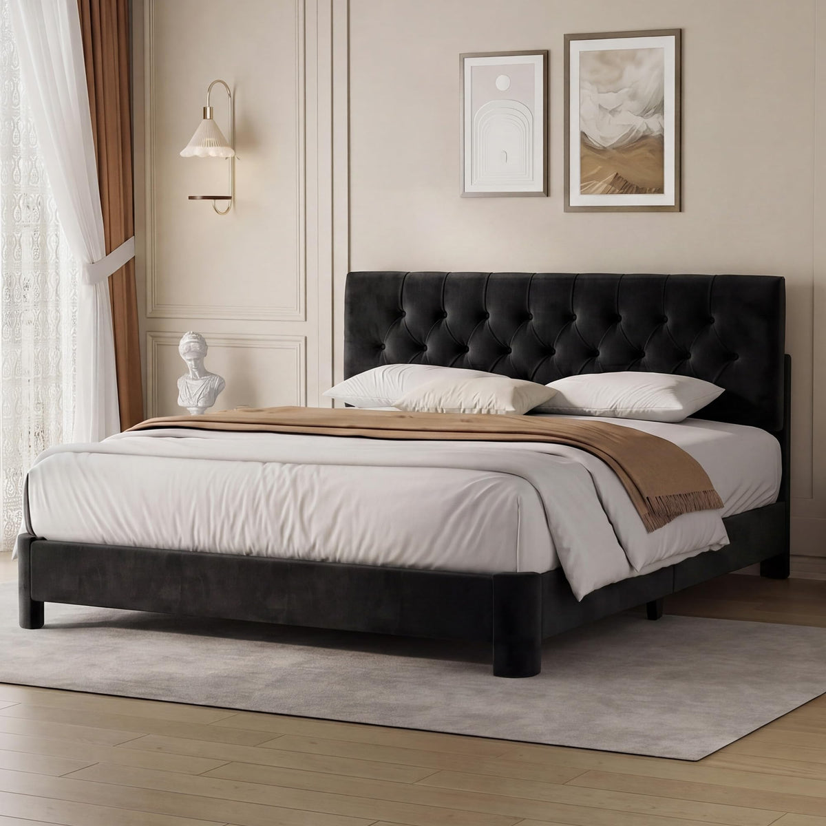 Queen Size Bed Frame with Headboard, Luxury Velvet Fabric Upholstered Bed frame with Button Tufted Design, Strong Wooden Slats Support - Low & Sturdy, Noise-Free, No Box Spring, Easy Assembly, Beige