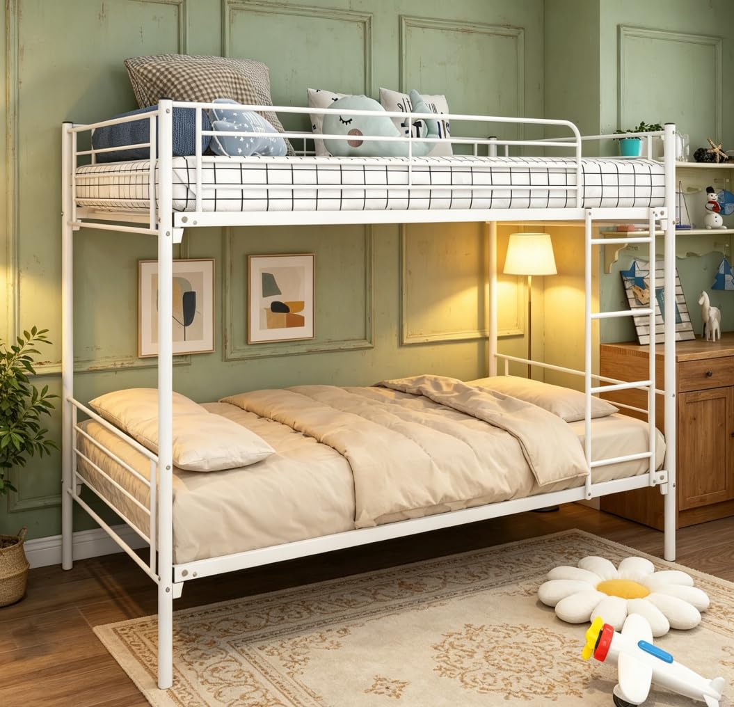 Bellemave Full Over Full Bunk Beds, Metal Bunk Bed with Ladder and Guardrail for Kids, Adults, Can be Split, White