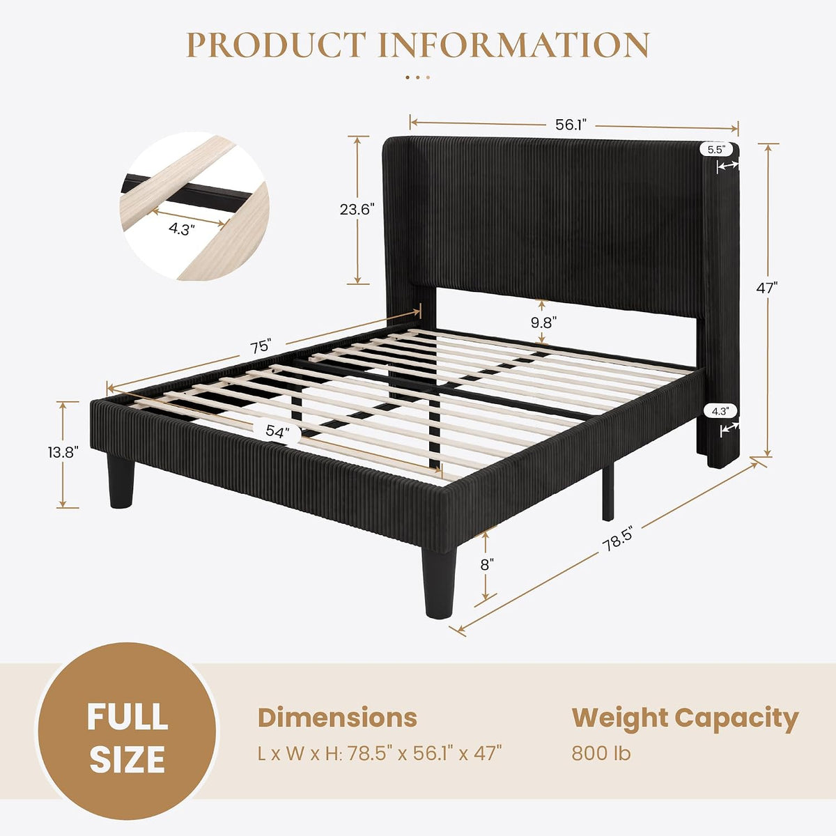 SHA CERLIN Full Corduroy Platform Bed with Tufted Wingback Headboard, Black