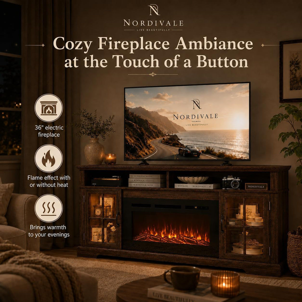 70" Farmhouse Fireplace TV Stand for TVs up to 80", Entertainment Center with 36" Electric Fireplace, LED Lights and Glass-Door Storage Cabinets, Brown