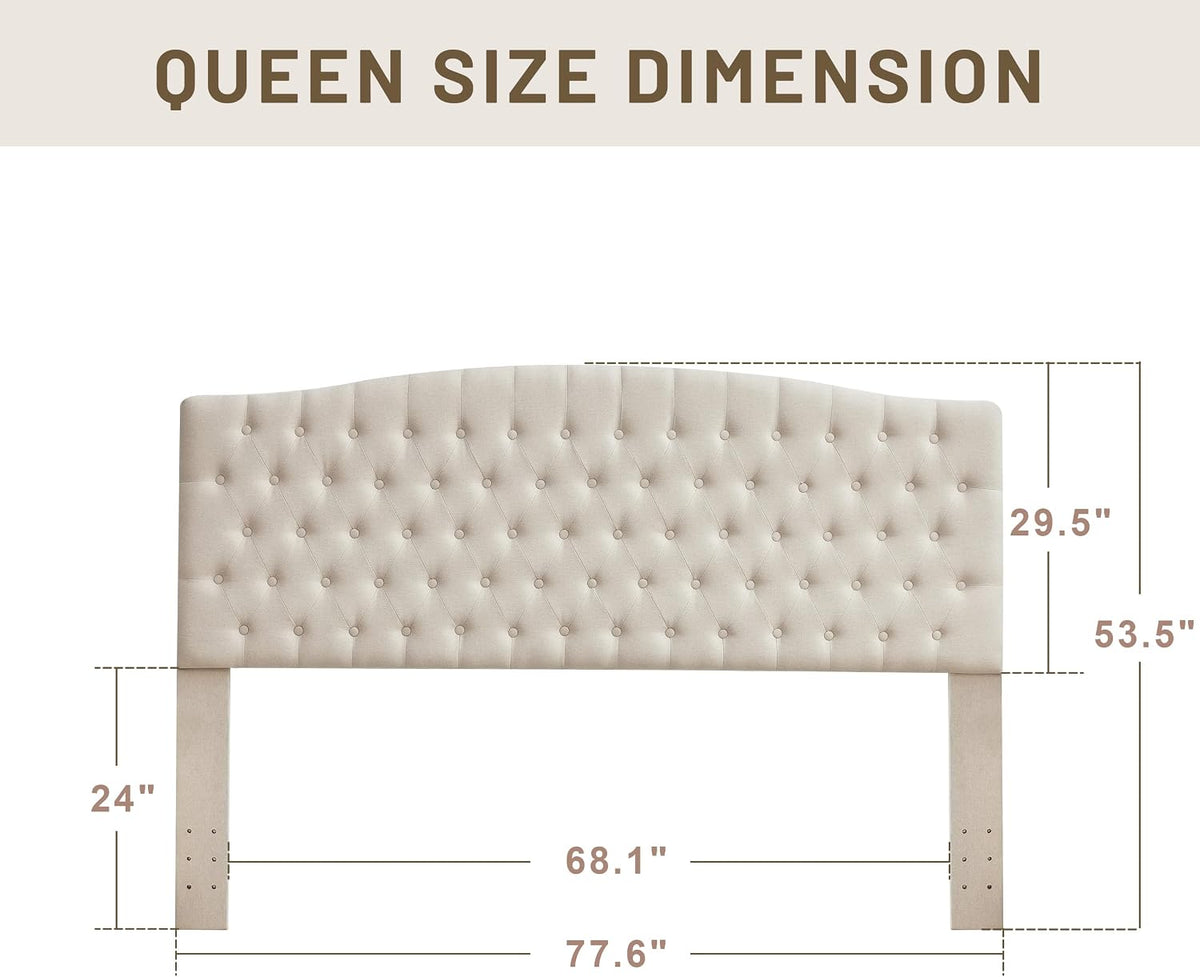 Tufted Tall King Size Headboard, Linen Button Diamond Headboards, Beige