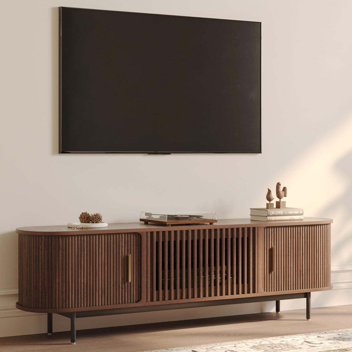 POVISON 94.49" Wood Fully-Assembled Sliding Tambour Door TV Stand, Black