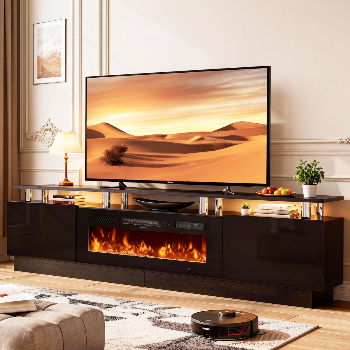 70" TV Stand for Living Room, Modern Entertainment Center & Media Console, Fits TVs up to 80", Storage Cabinet with Shelves, 36" Electric Fireplace with LED Flame (All Black)