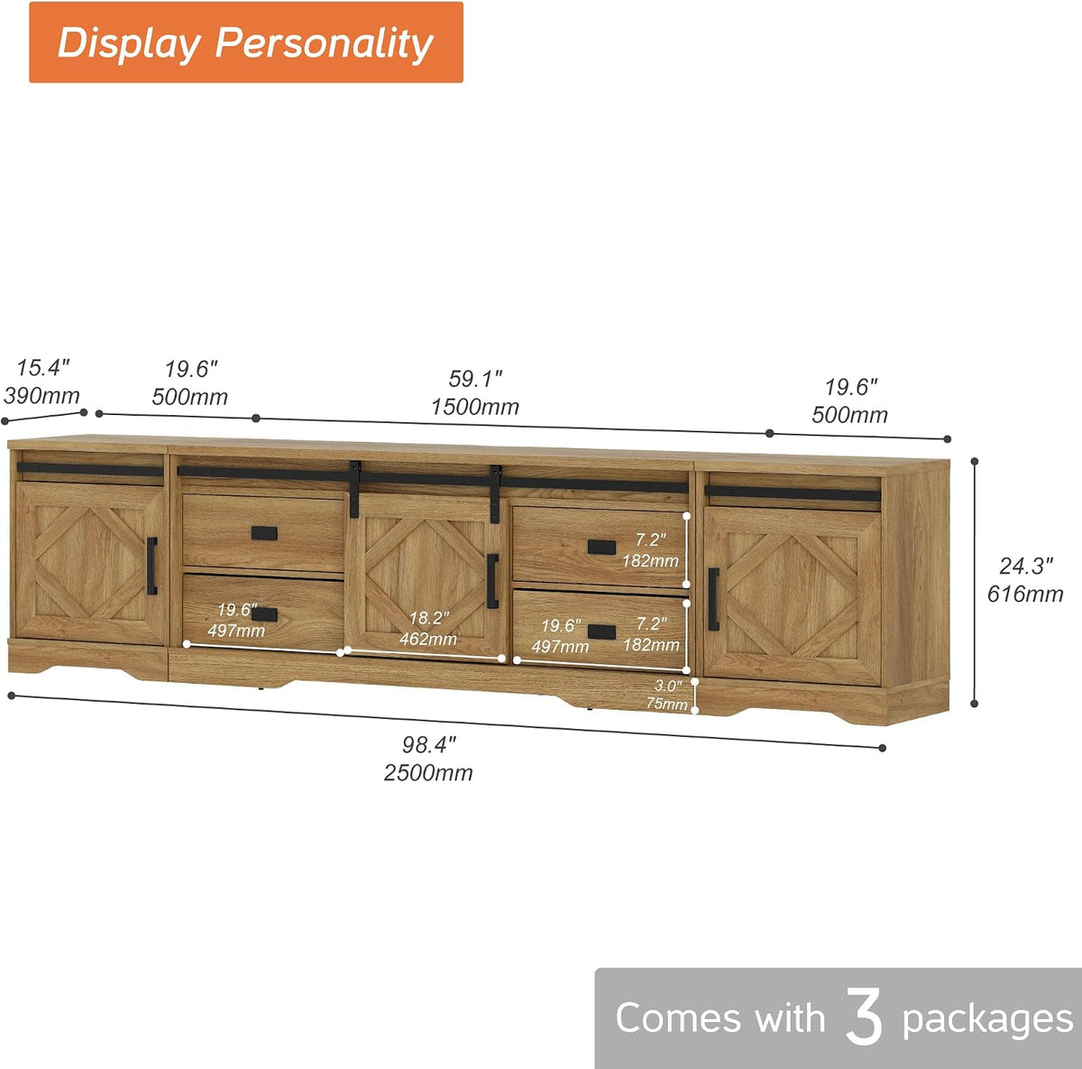 WAMPAT 98.5 inch Wide Large Farmhouse TV Stand w/Drawers & Storage Cabinet