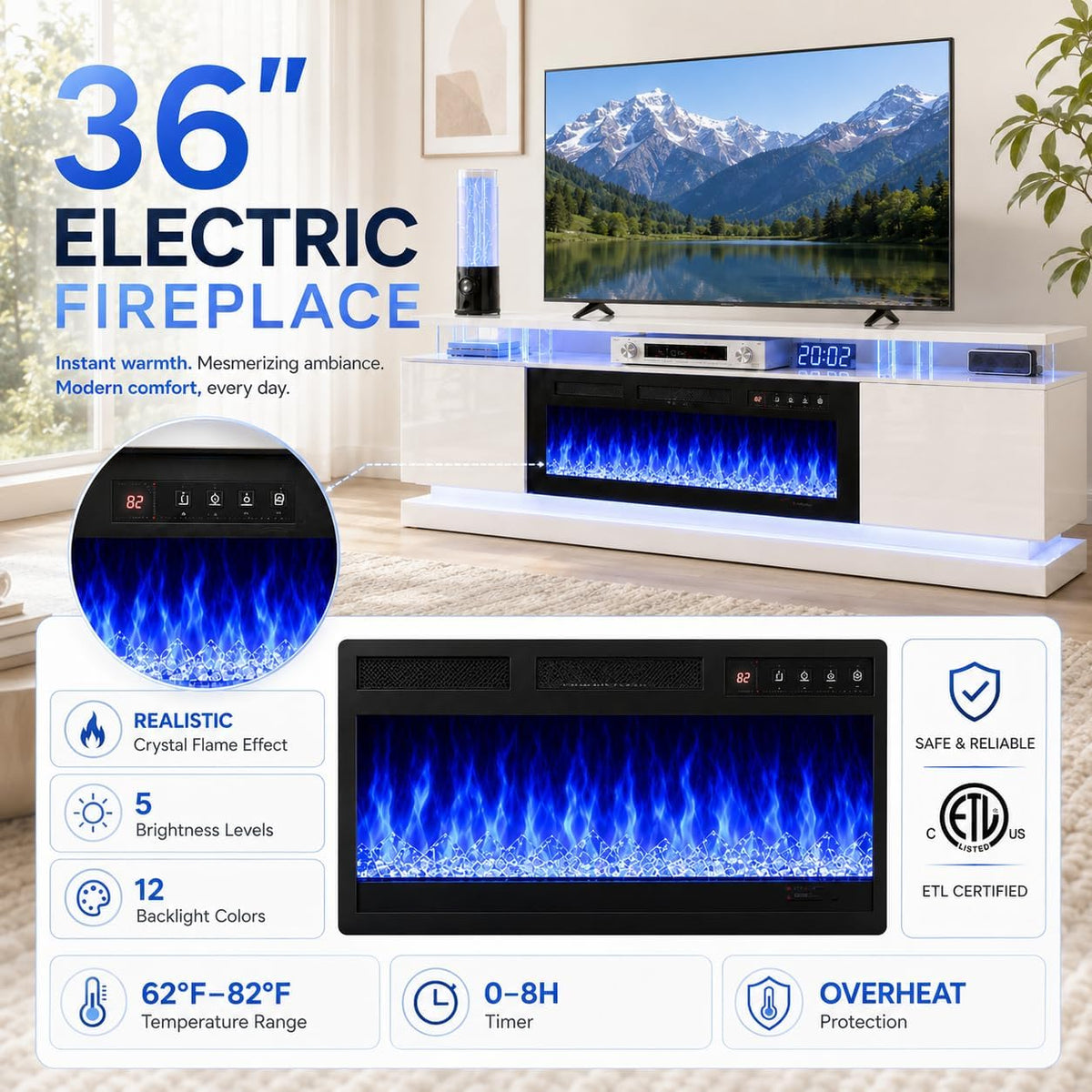 70" Fireplace TV Stand for TVs up to 80", White & Black