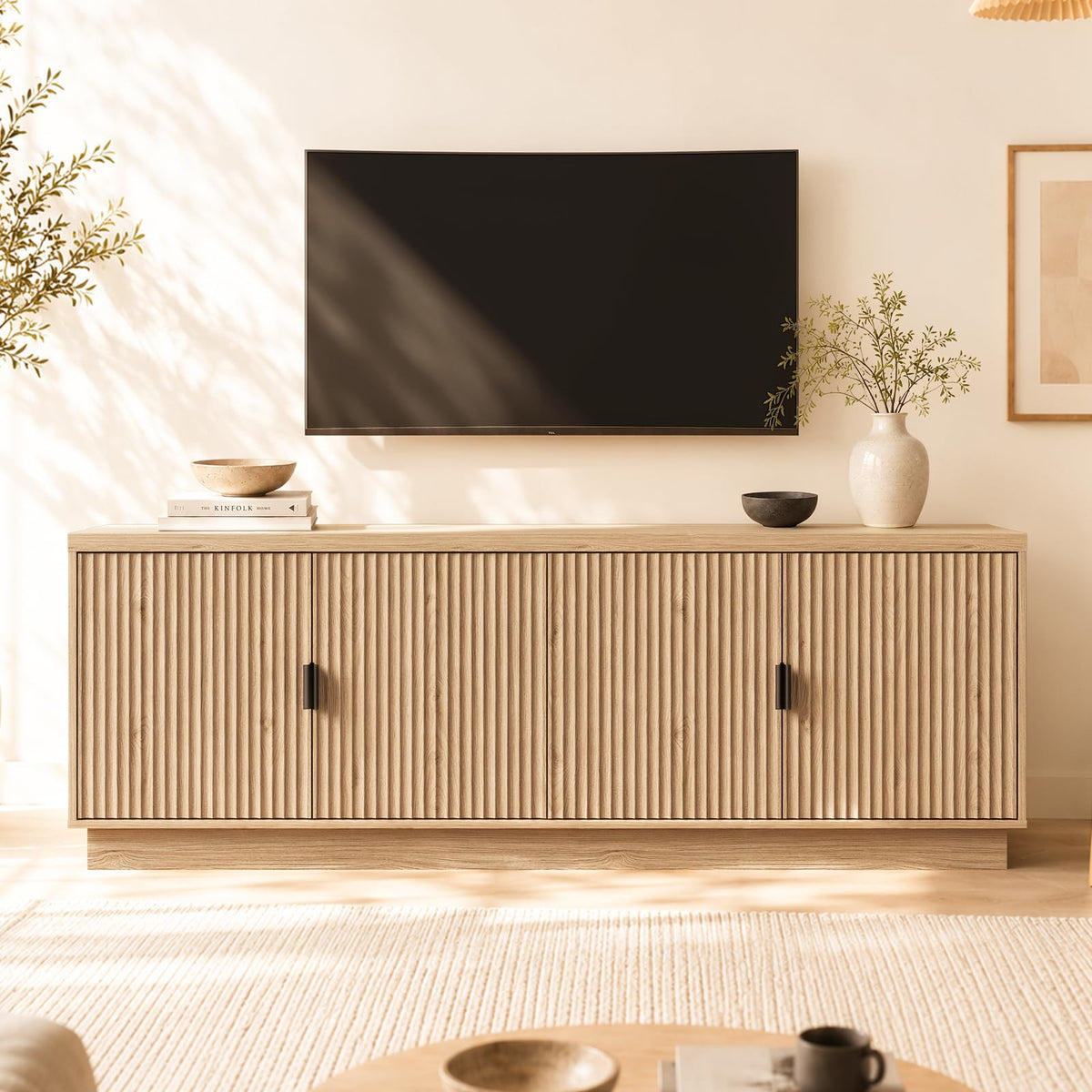 Fatmok Fluted TV Stand for up to 75" TVs, 68" Entertainment Center with 4 Doors, Modern Media Console with Adjustable Shelves & Storage Cabinets, Black and Grey