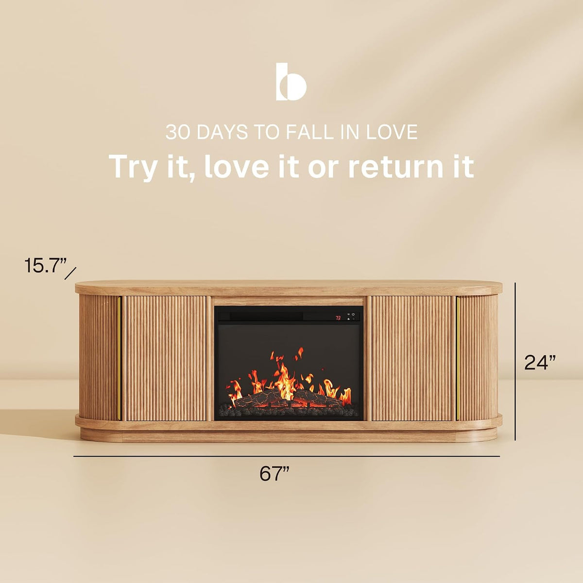 BELLEZE Turin 67" TV Stand with 23" Electric Fireplace Heater - Camel