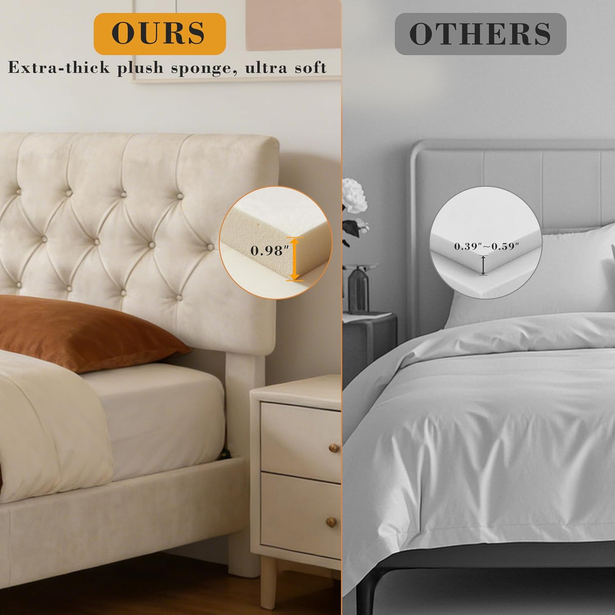 Queen Size Bed Frame with Headboard, Luxury Velvet Fabric Upholstered Bed frame with Button Tufted Design, Strong Wooden Slats Support - Low & Sturdy, Noise-Free, No Box Spring, Easy Assembly, Beige