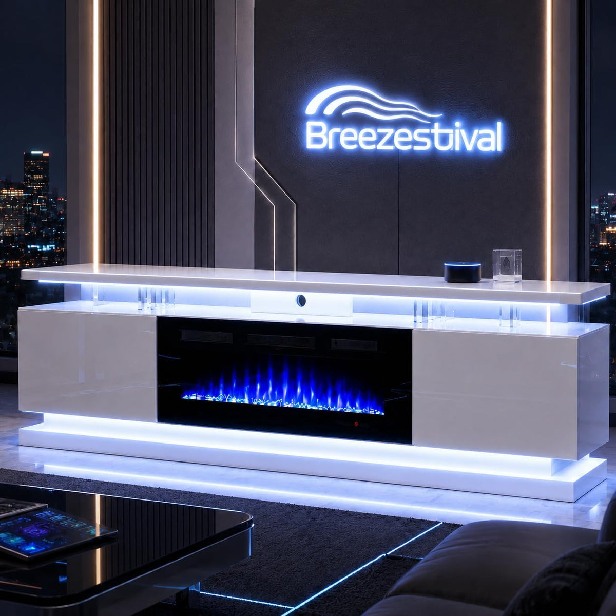 70" Fireplace TV Stand for TVs up to 80", White & Black