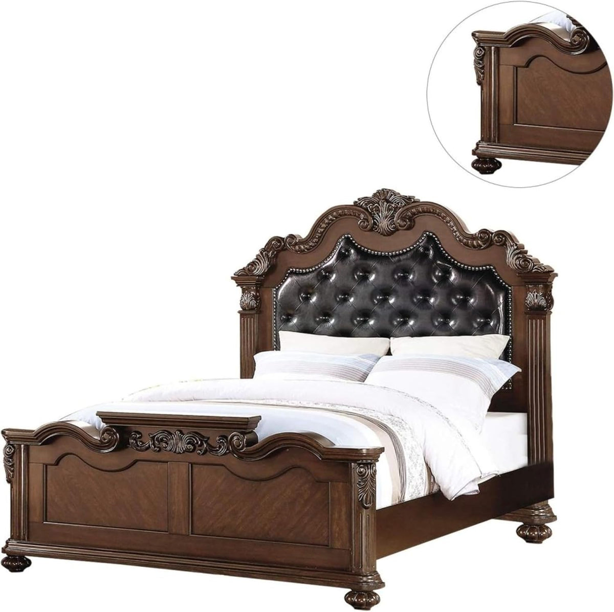 Traditional King Bed Frame Solid Wood Ornate Carved Headboard Footboard Scalloped Crown Bun Feet Slatted Support System Foundation Required Classic Bedroom Statement Piece Antique (Cherry A -1)
