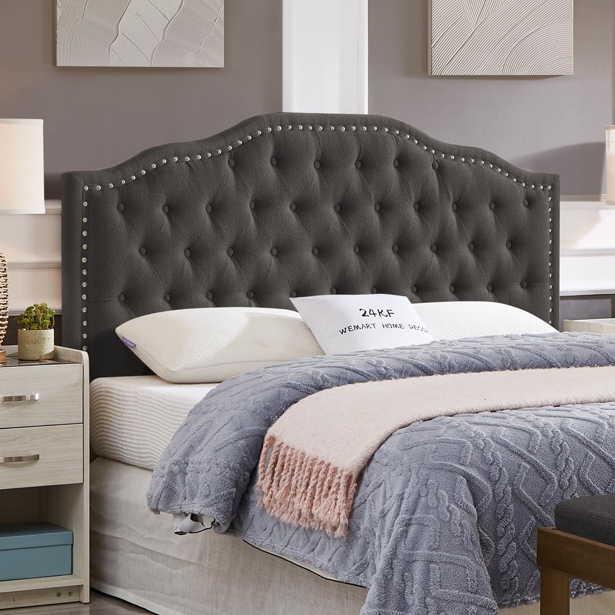 24KF Upholstered Button Tufted King Size Headboard with Nailhead Trim, Soft Velvet Fabric Headboard King/Cal King Size -Dark Gray