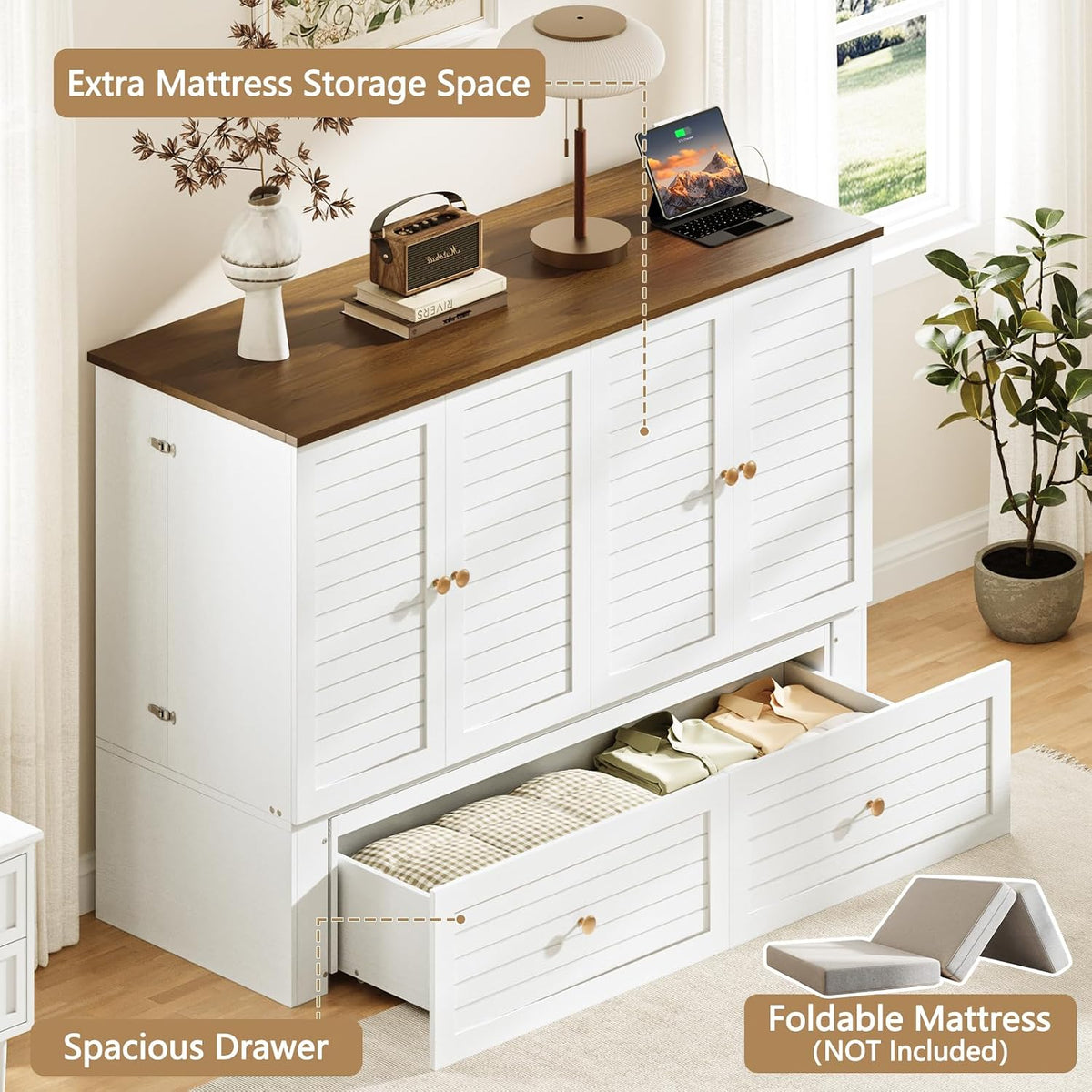 Yoobure Queen Murphy Bed with Charging Station, Cabinet Beds with Storage