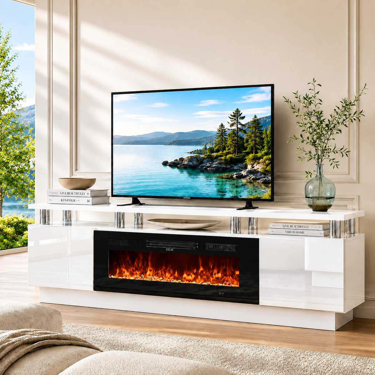 70" TV Stand for Living Room, Modern Entertainment Center & Media Console, Fits TVs up to 80", Storage Cabinet with Shelves, 36" Electric Fireplace with LED Flame (All Black)