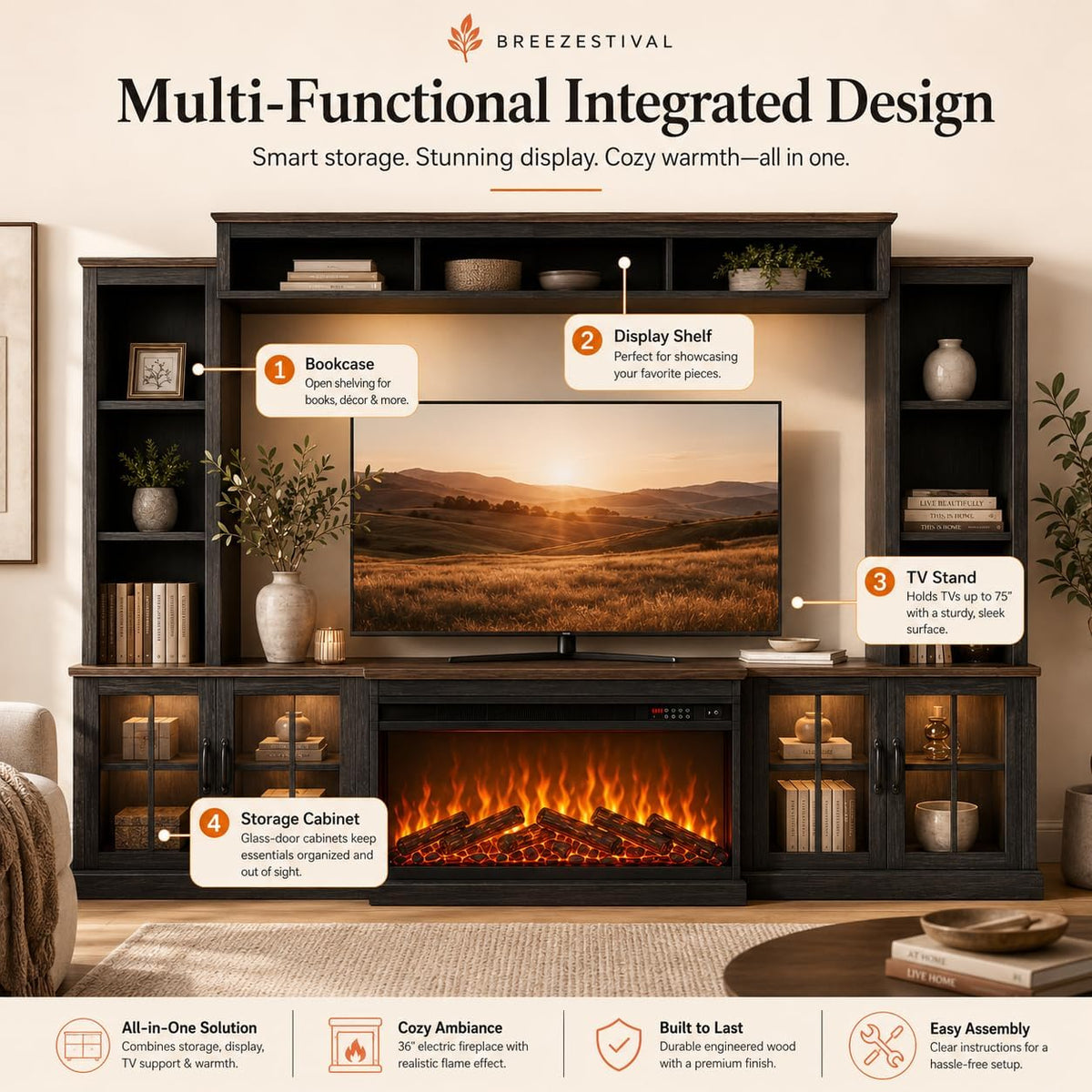 Black Farmhouse TV Stand with Fireplace, Entertainment Center, 98" Wall Unit Media Console with Bookshelf, Cabinet & Power Outlets & Barn Doors, Fits TVs Up to 75” for Living Room