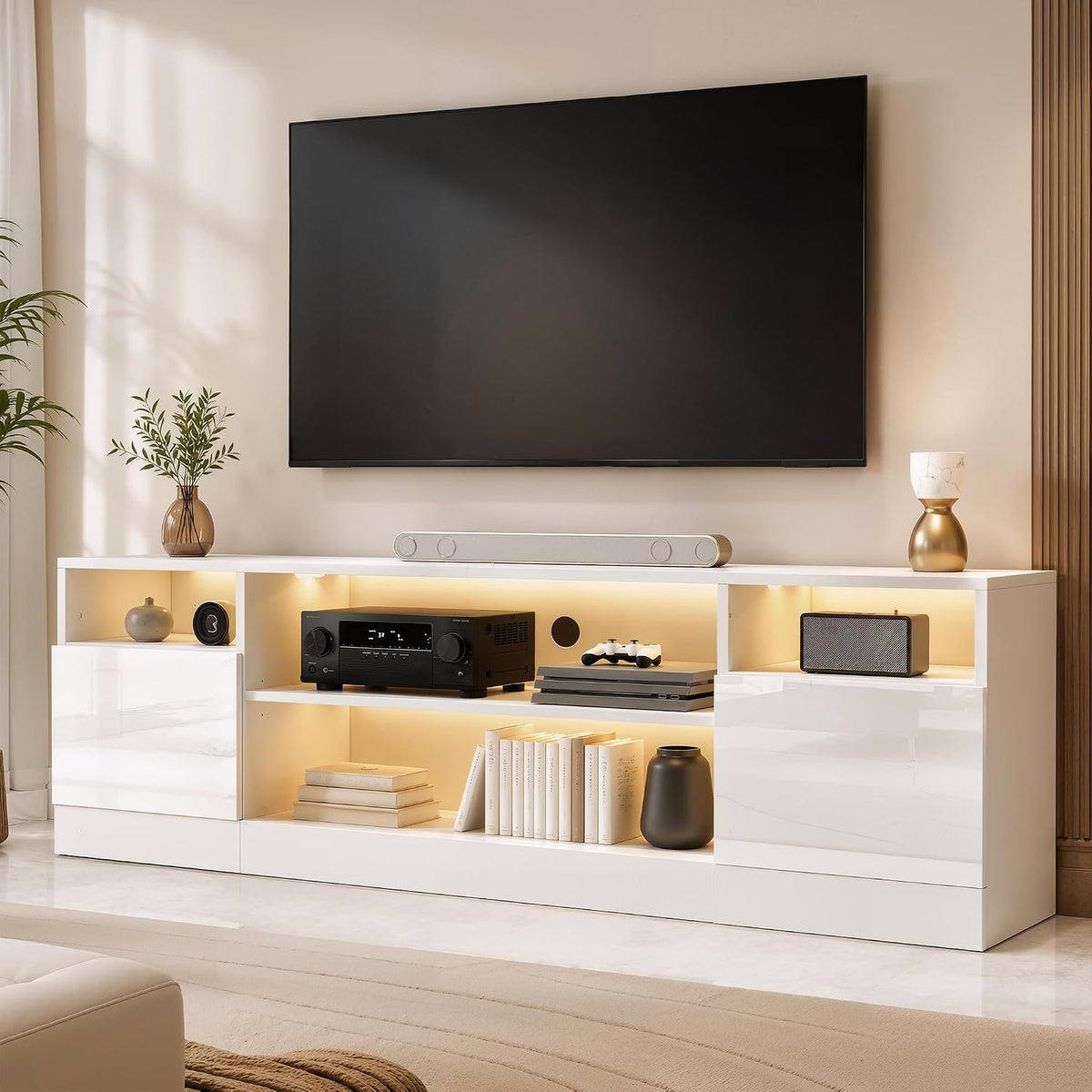 AMERLIFE 70" High-Gloss TV Stand for TVs up to 80" with LED Lights