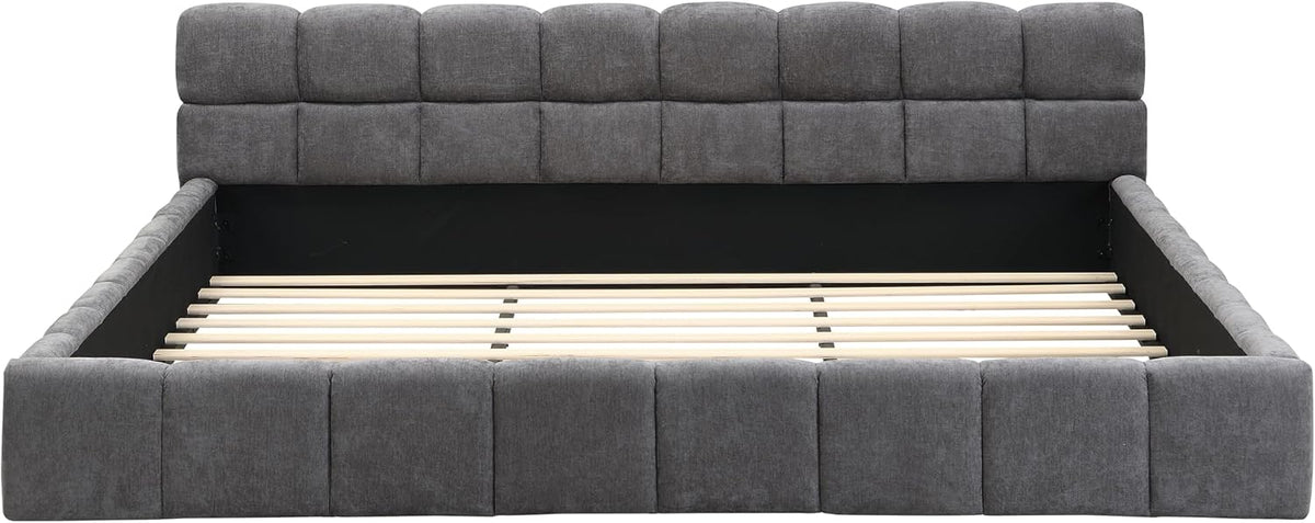 Merax King Size Elegant Chenille Upholstered Platform Bed with Thick Headboard and Footboard, Block Style Upholstery Grounded Bed Frame, Gray