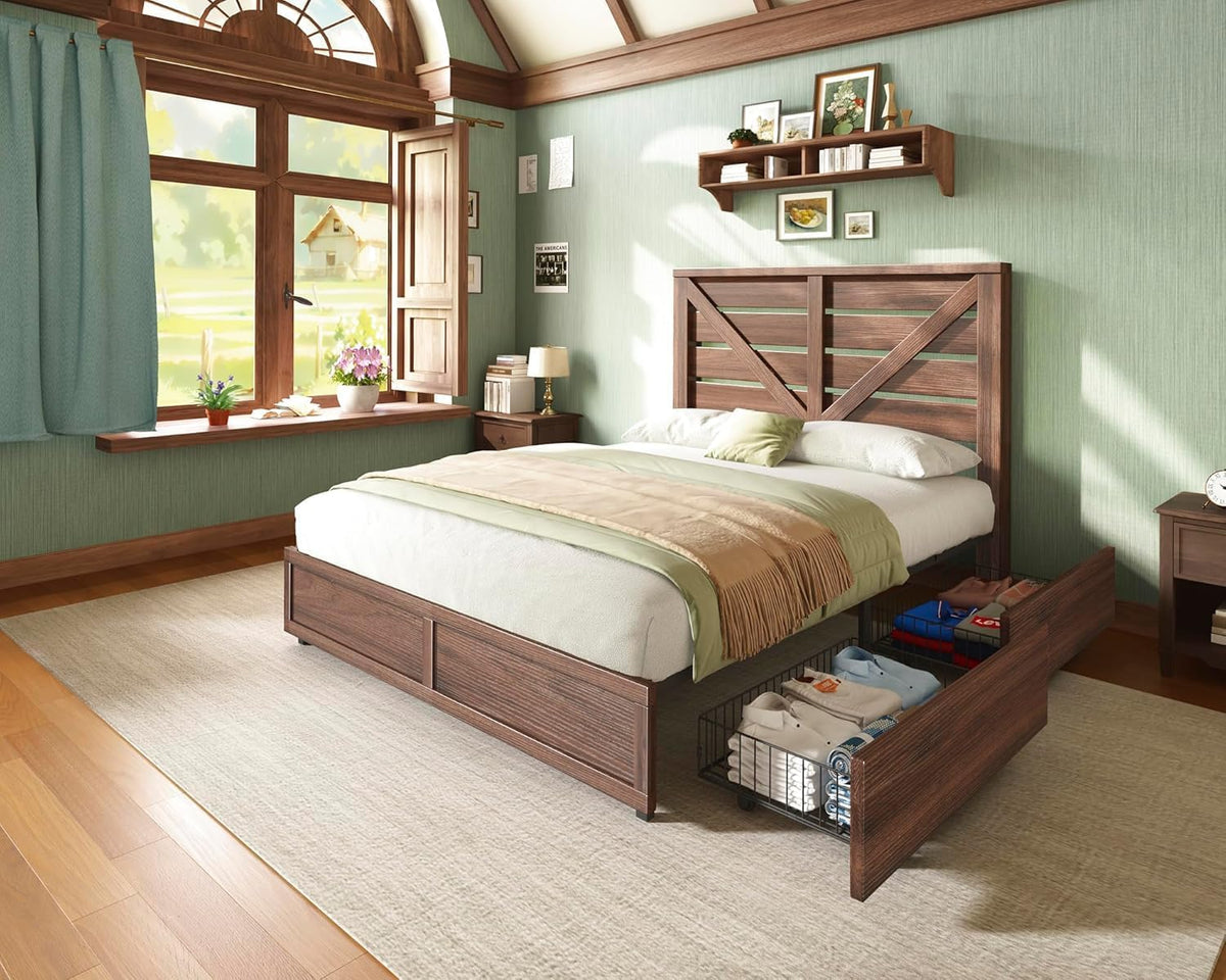 AMERLIFE Queen Size Farmhouse Bed Frame with 4 Storage Drawers