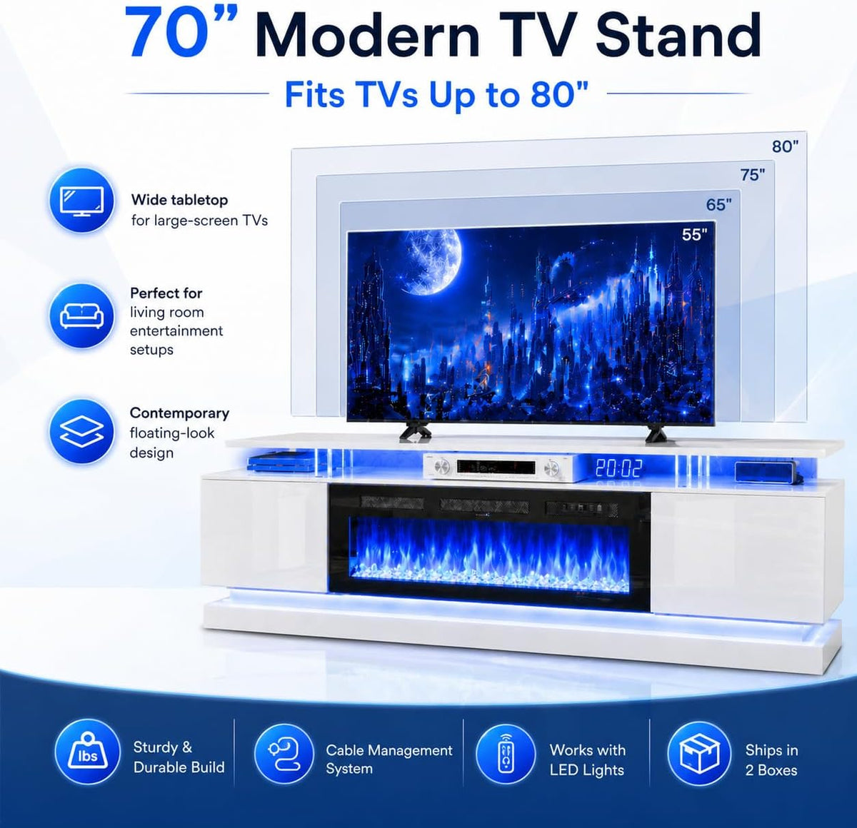 70" Fireplace TV Stand for TVs up to 80", White & Black