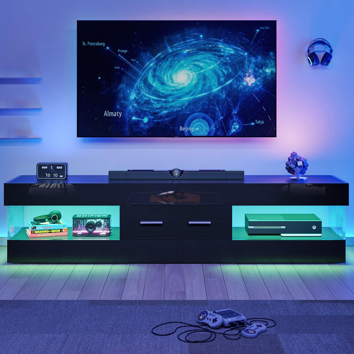 Bestier Black 60 Inch Modern TV Stand, LED Entertainment Center with Drawer