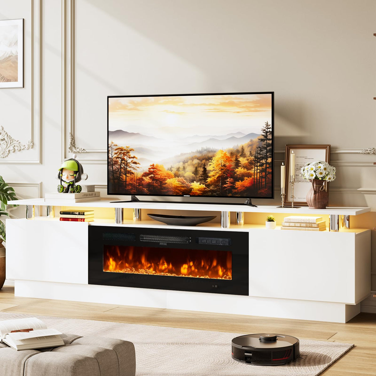 70" TV Stand for Living Room, Modern Entertainment Center & Media Console, Fits TVs up to 80", Storage Cabinet with Shelves, 36" Electric Fireplace with LED Flame (All Black)