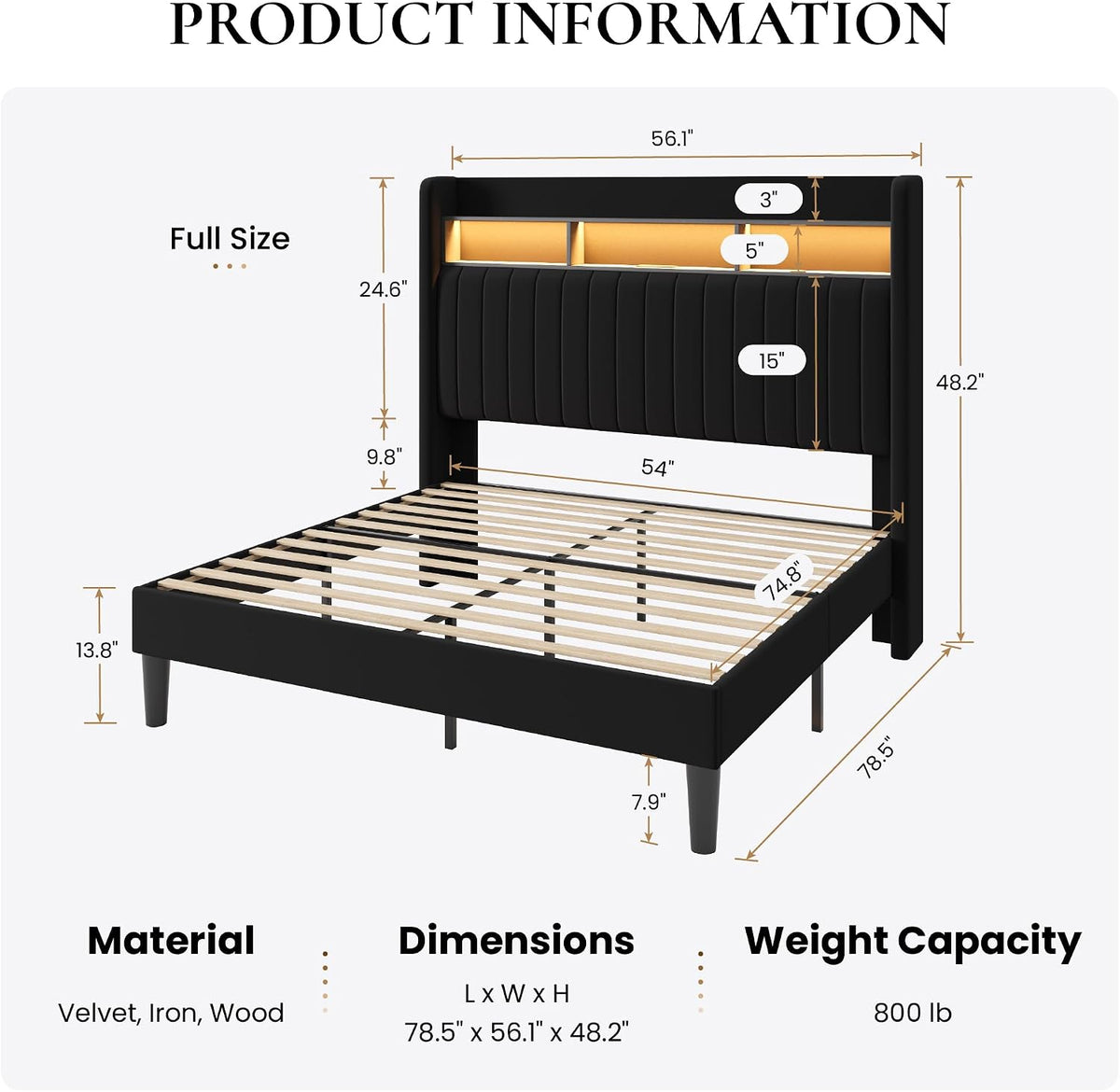 SHA CERLIN Full Size Platform Bed Frame / 2-Tier Storage Shelf/Velvet Wingback Upholstered Headboard/LED Lights and Charging Station/No Box Spring Needed/Noise-Free/Easy Assembly/Black