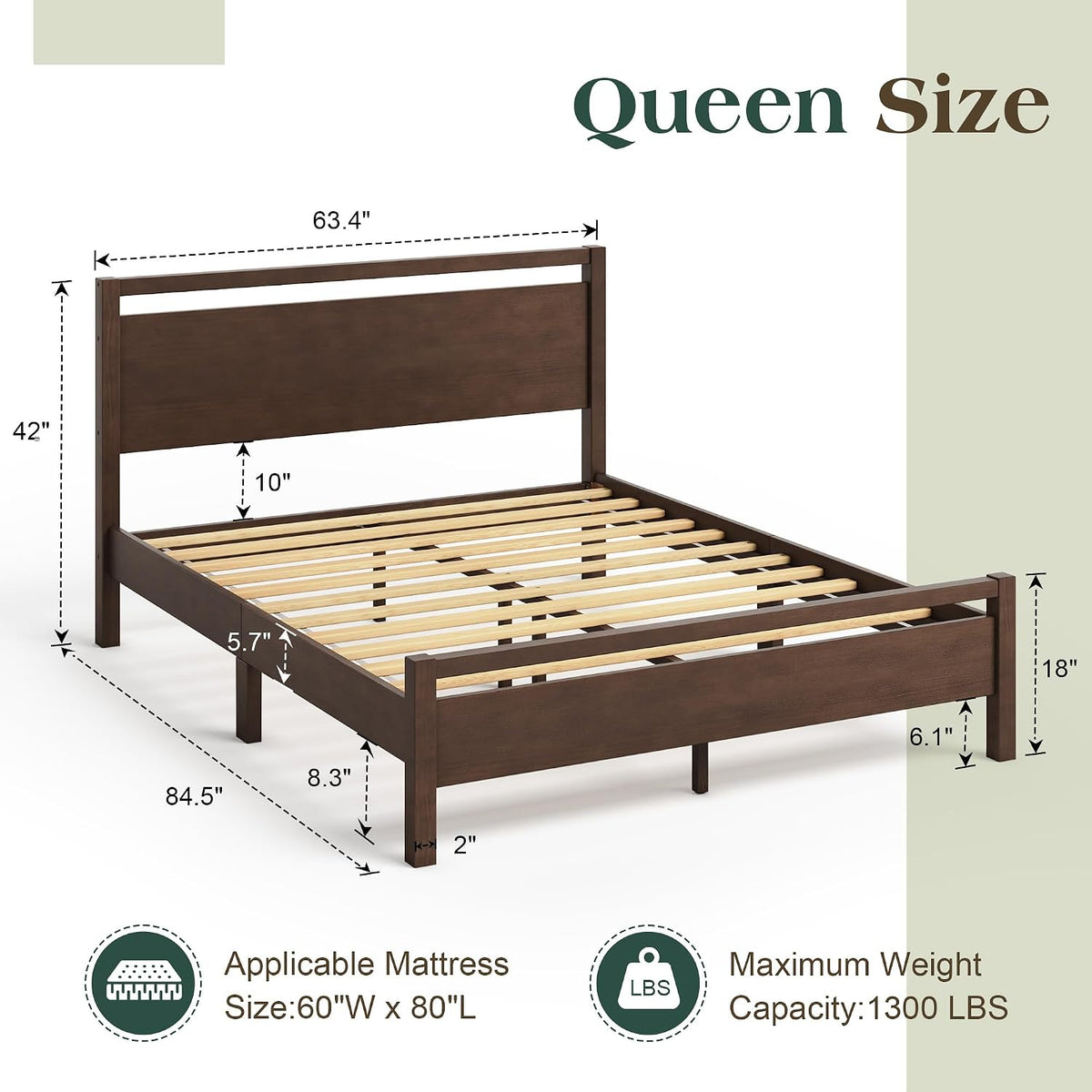 AMERLIFE Minimalist Queen Size Solid Wood Bed Frame with Headboard