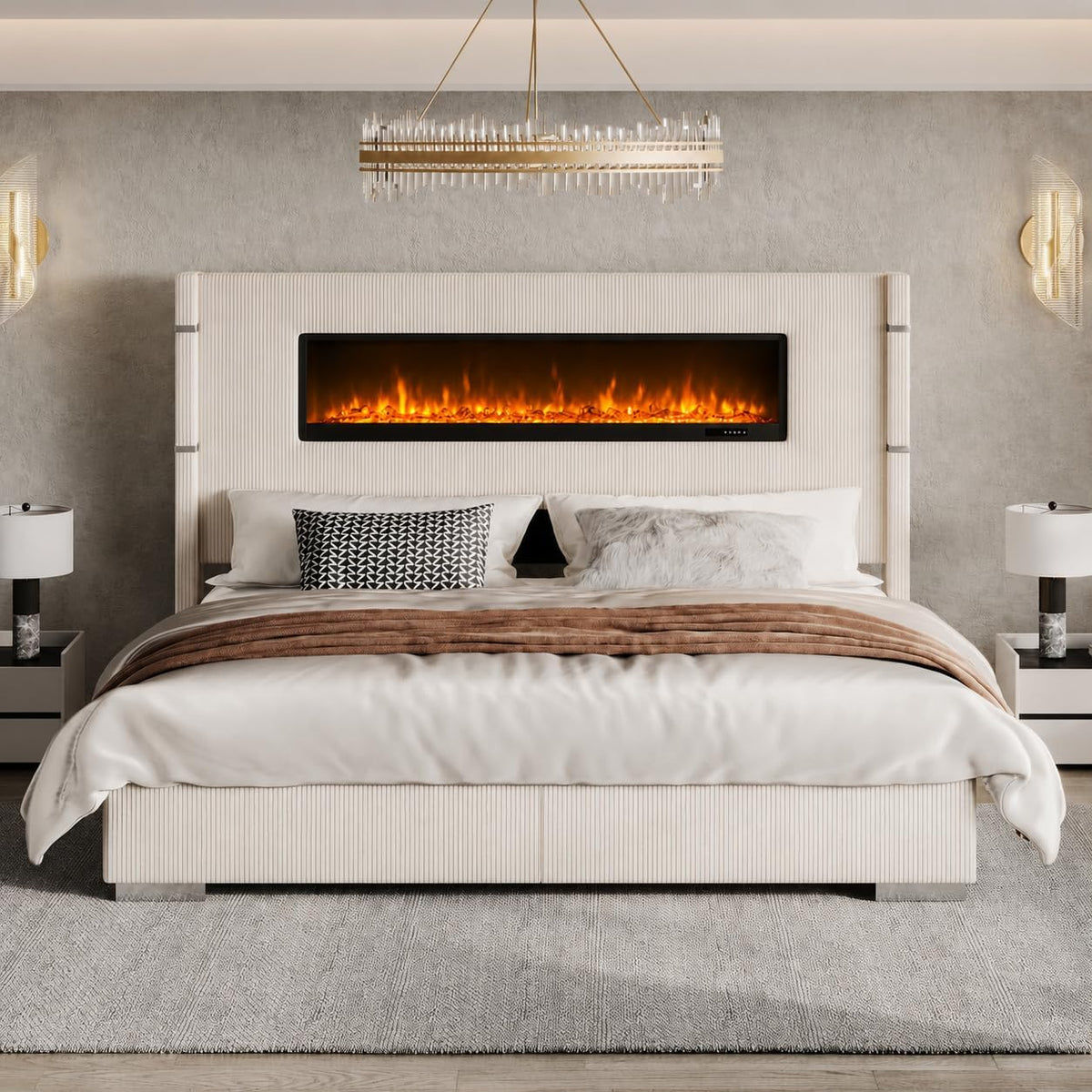 AMERLIFE Cal King Fireplace Bed Frame, Upholstered Headboard, Light Gray