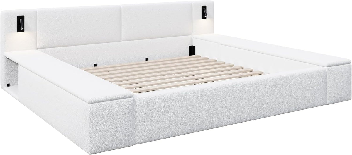 Merax Bouclé Upholstered Platform Bed with Headboard, Hidden Storage,White