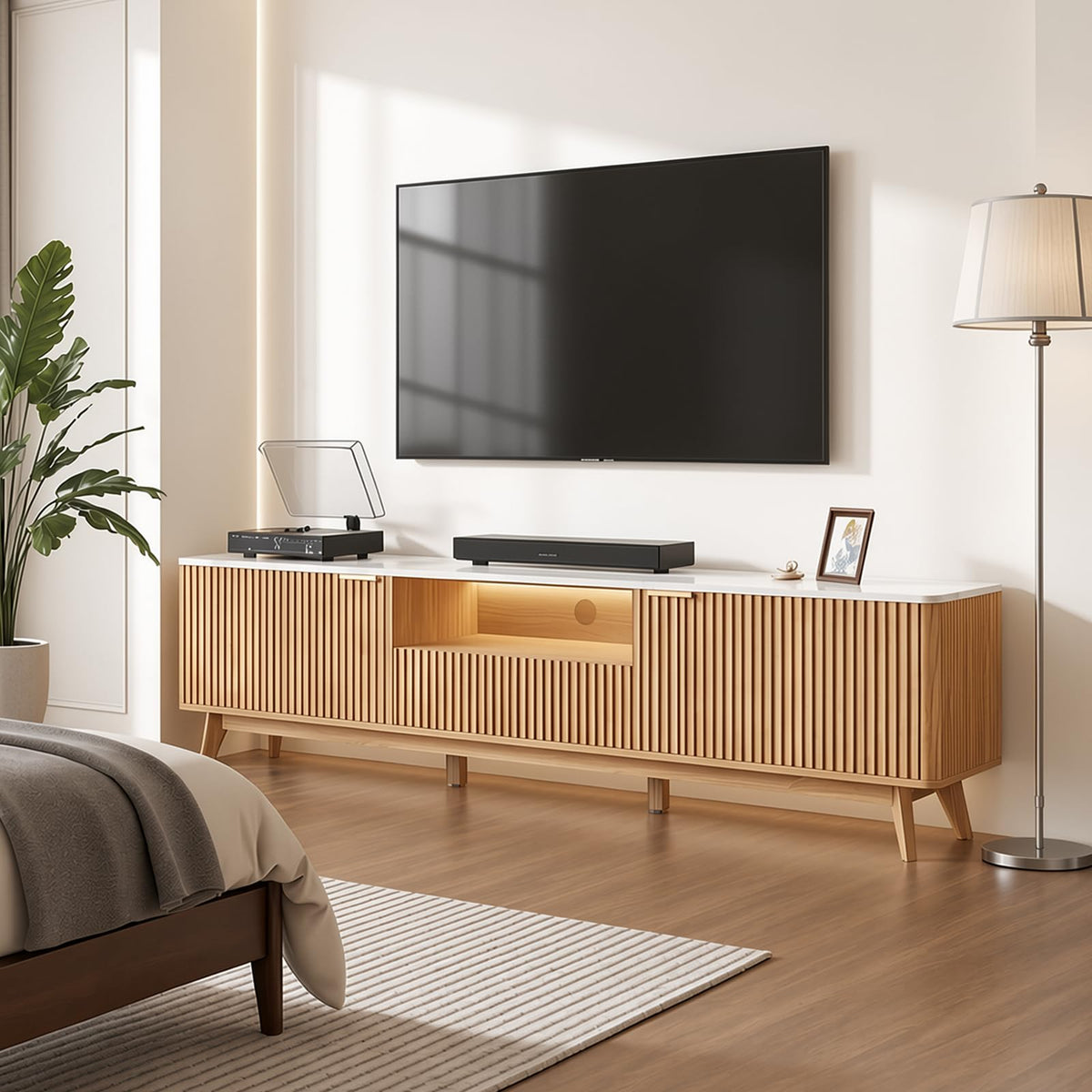 70 Inch Fluted TV Stand with Storage for Living Room, Walnut