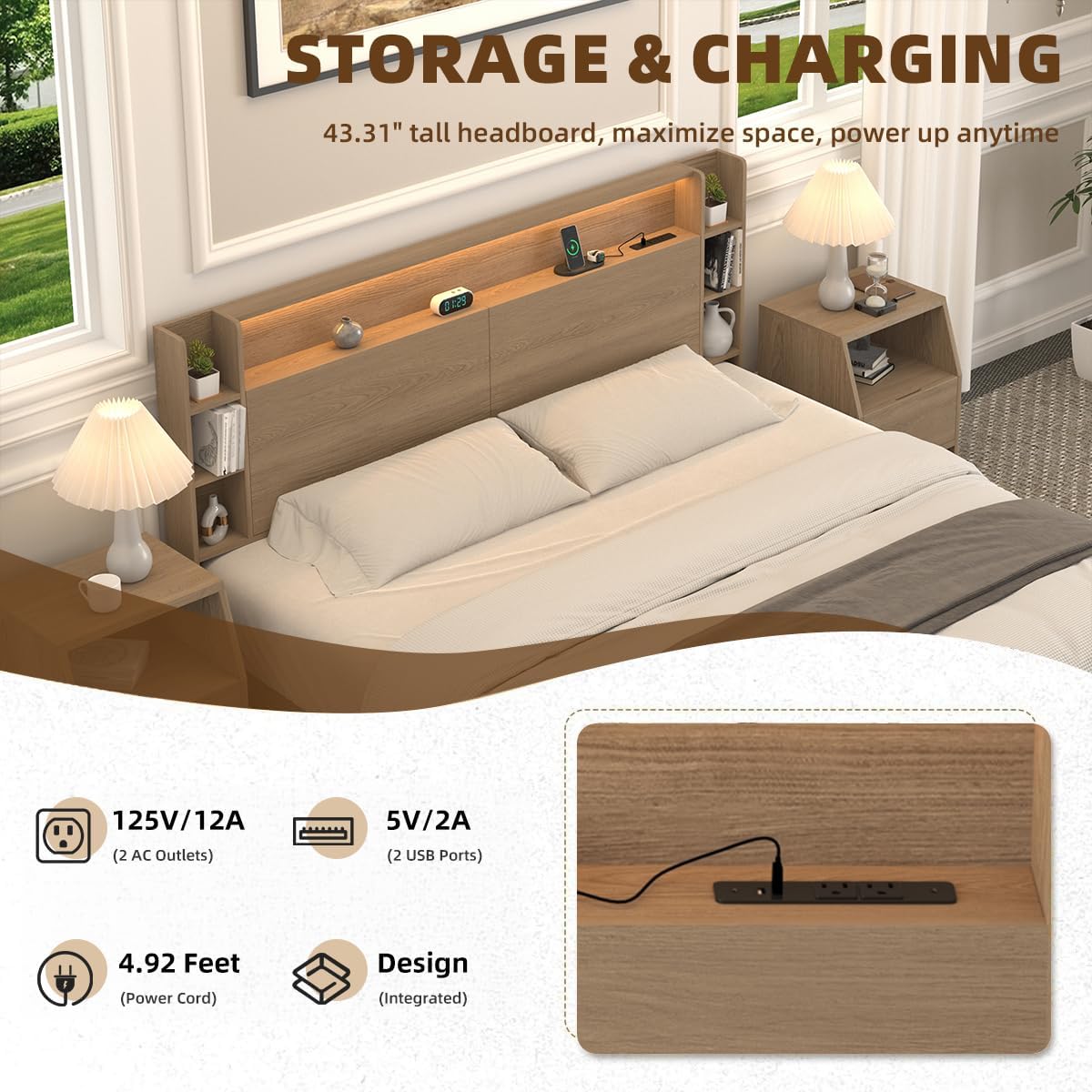 Queen Wall Mount Solid Wood Leg Headboard with Storage