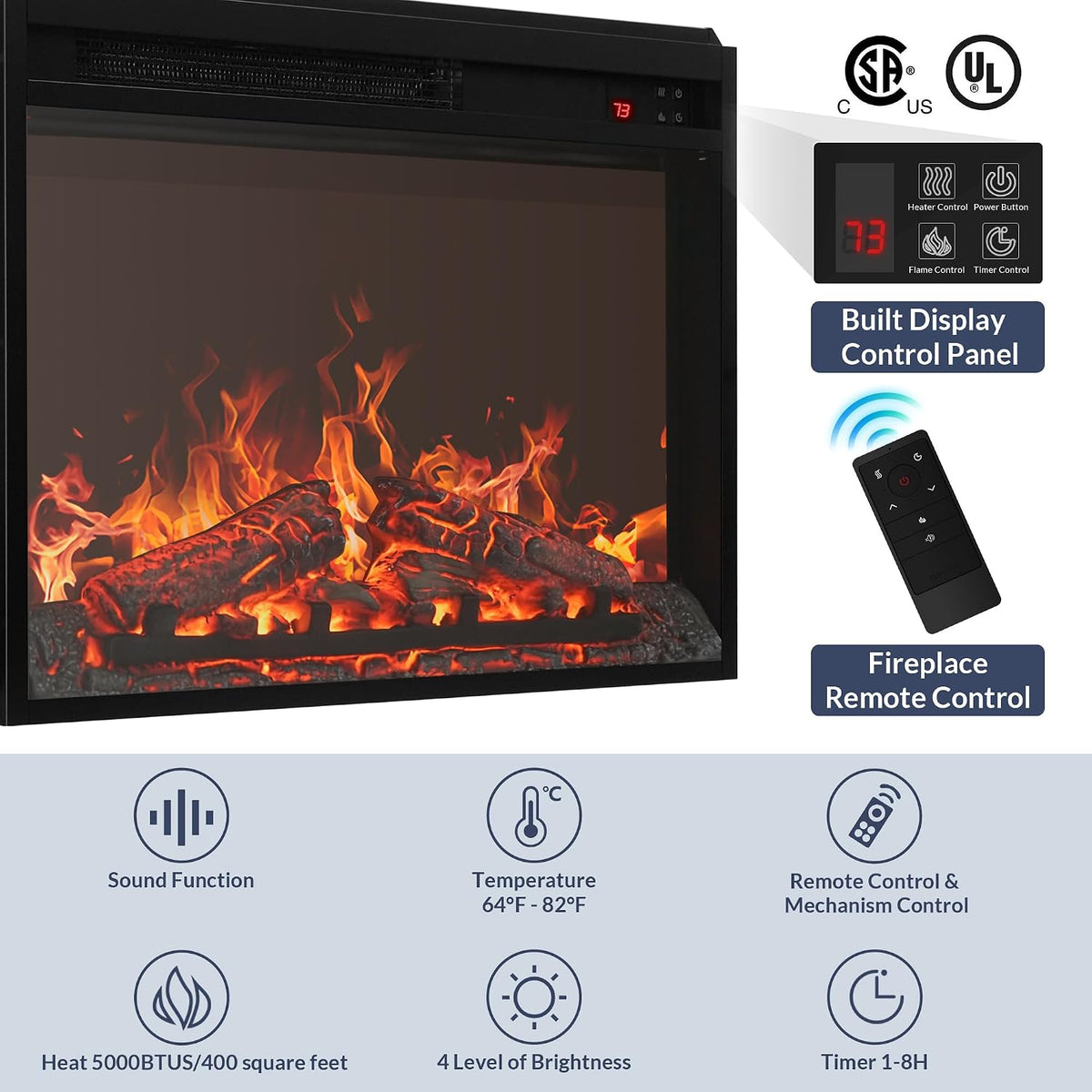 BELLEZE Turin 67" TV Stand with 23" Electric Fireplace Heater - Camel