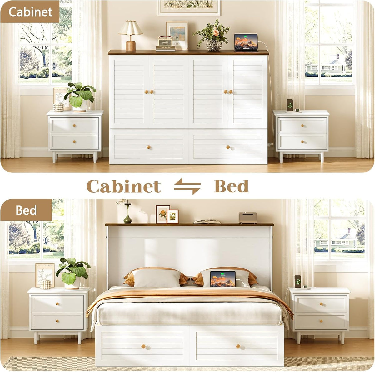 Yoobure Queen Murphy Bed with Charging Station, Cabinet Beds with Storage