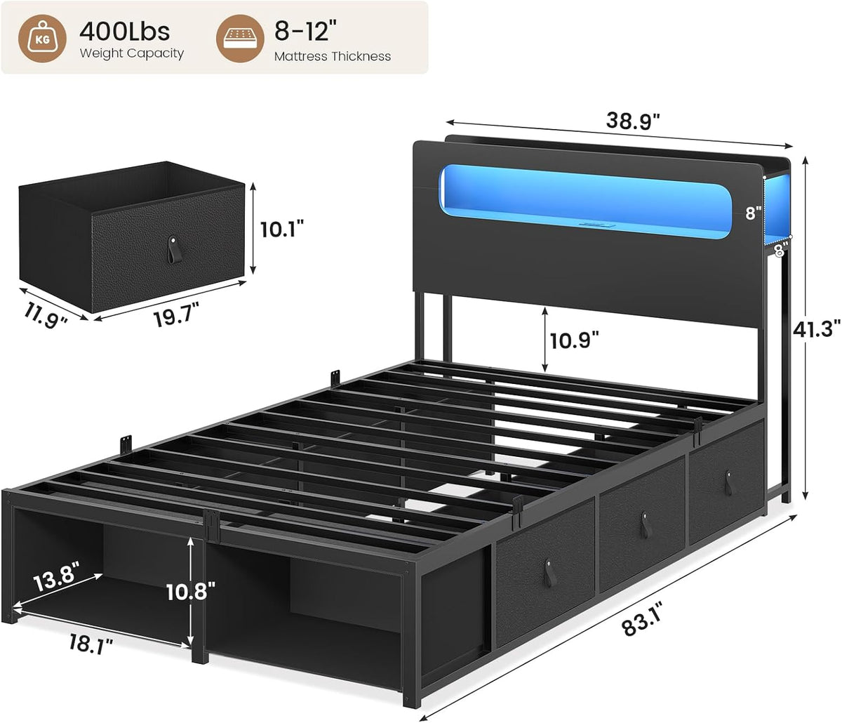 ADORNEVE Twin Bed Frame with 6 Storage Drawers & LED Headboard, Black