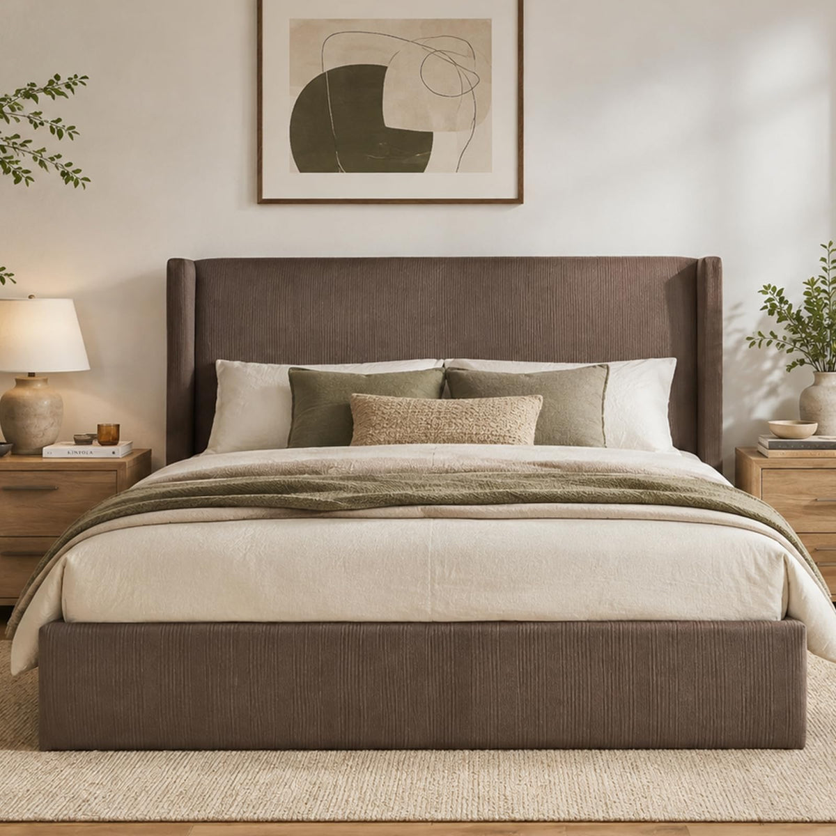 VELOCAVA California King Lift-Up Bed, Wingback Headboard, Corduroy Coffee