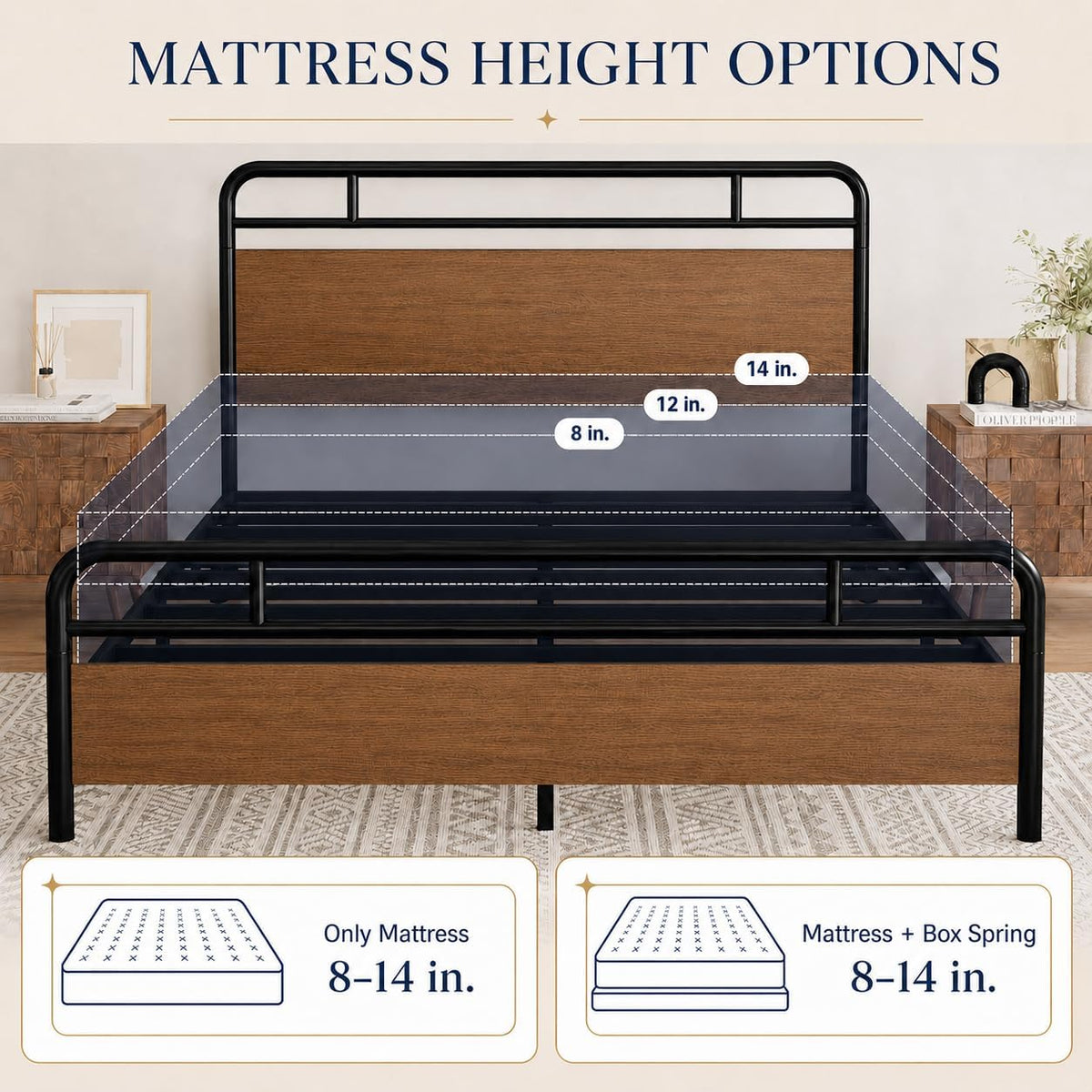 Allewie Queen Size Industrial Bed Frame with Wood Panels, Walnut