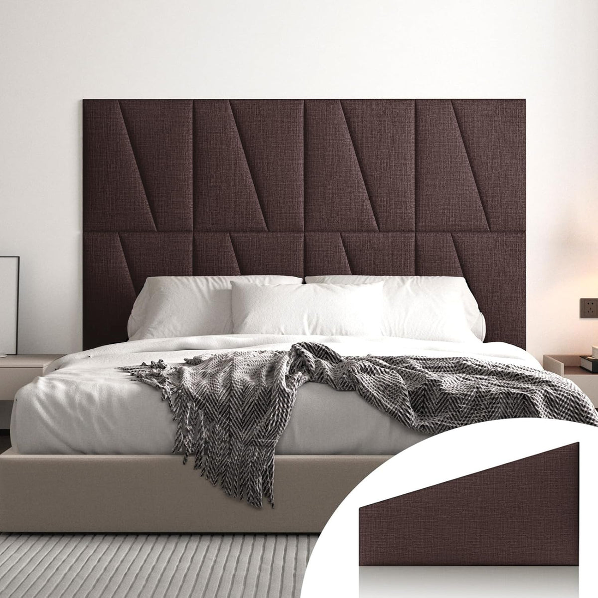 Fabric Upholstered Wall Mounted Headboard for King Bed Panels: Stick-On Headboard in Matte Black - Soundproof Padding for Bedroom & Living Room (8 Panels)