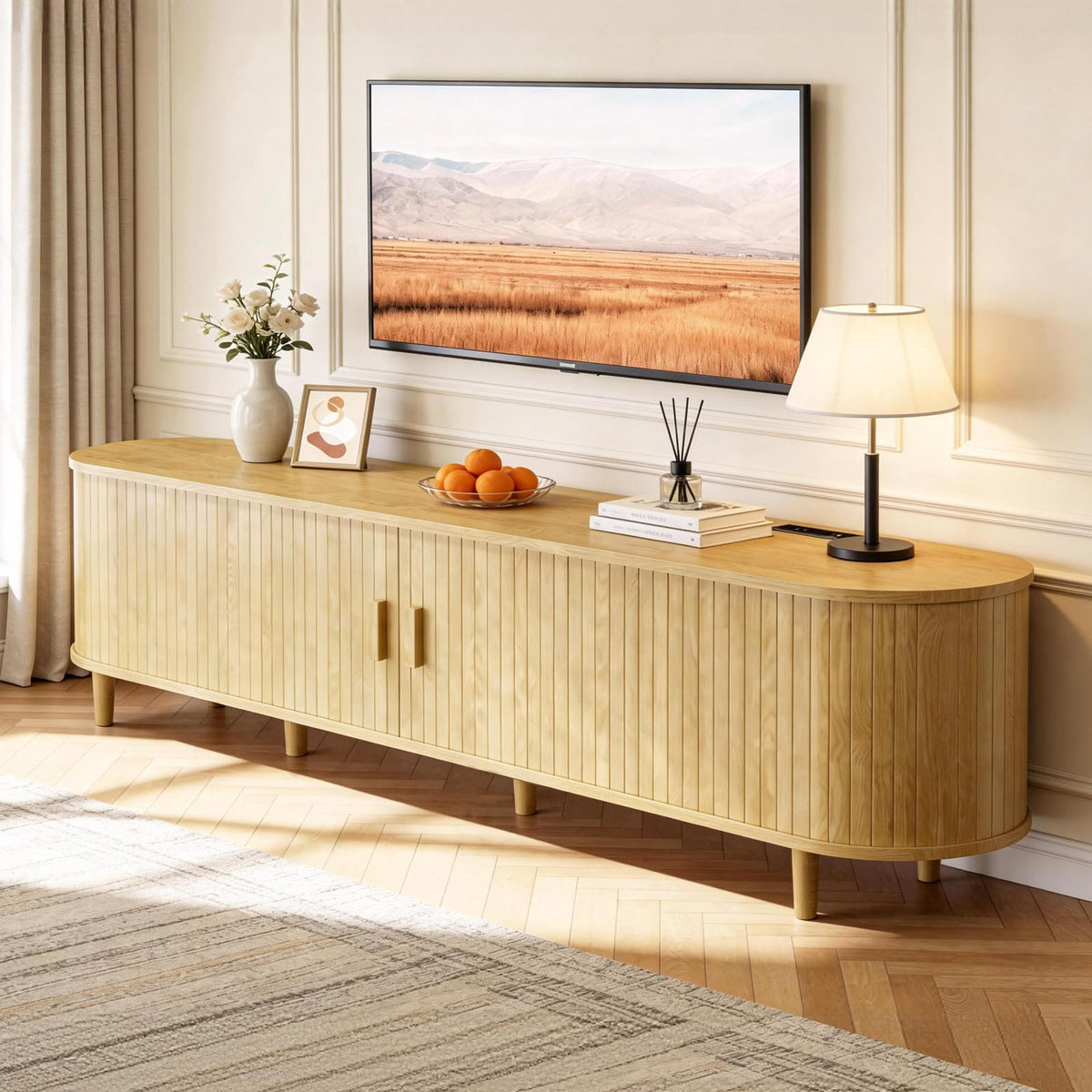 65" Mid Century Modern TV Stand with Power Outlet, Fluted Entertainment Center with Storage and Adjustable Shelves, Wood TV Console with Sliding Doors for Living Room, Walnut