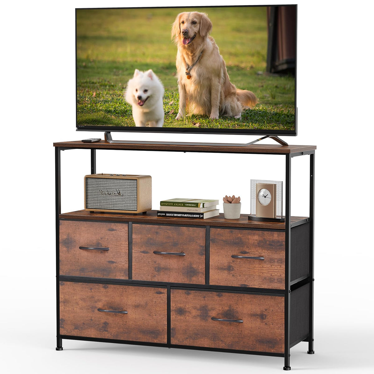DUMOS TV Stand Media Console with LED Power Station, Open Storage Shelf & Small Accessory Drawers, Entertainment Cabinet, Living Room Bedroom Dorm Home Furniture, Black