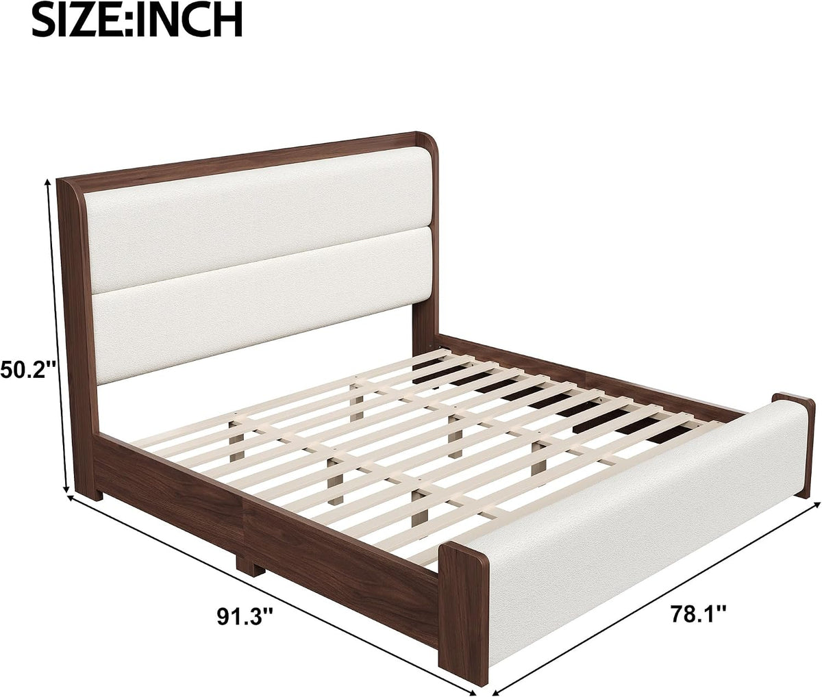 King Platform Bed Walnut with Boucle Upholstered Headboard & Footboard