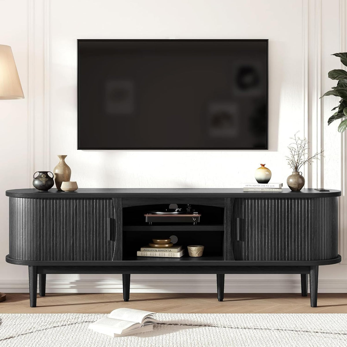 Decofy Mid Century TV Stand for TVs up to 65 Inches, Entertainment Center with Storage, Power Outlet, Fluted Sliding Doors & Adjustable Shelves, Modern Media TV Console Table for Living Room (Walnut)