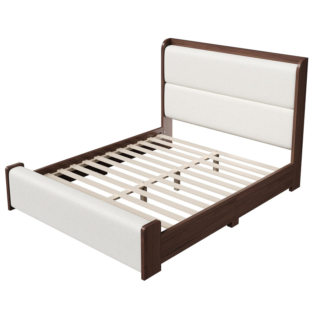 King Platform Bed Walnut with Boucle Upholstered Headboard & Footboard