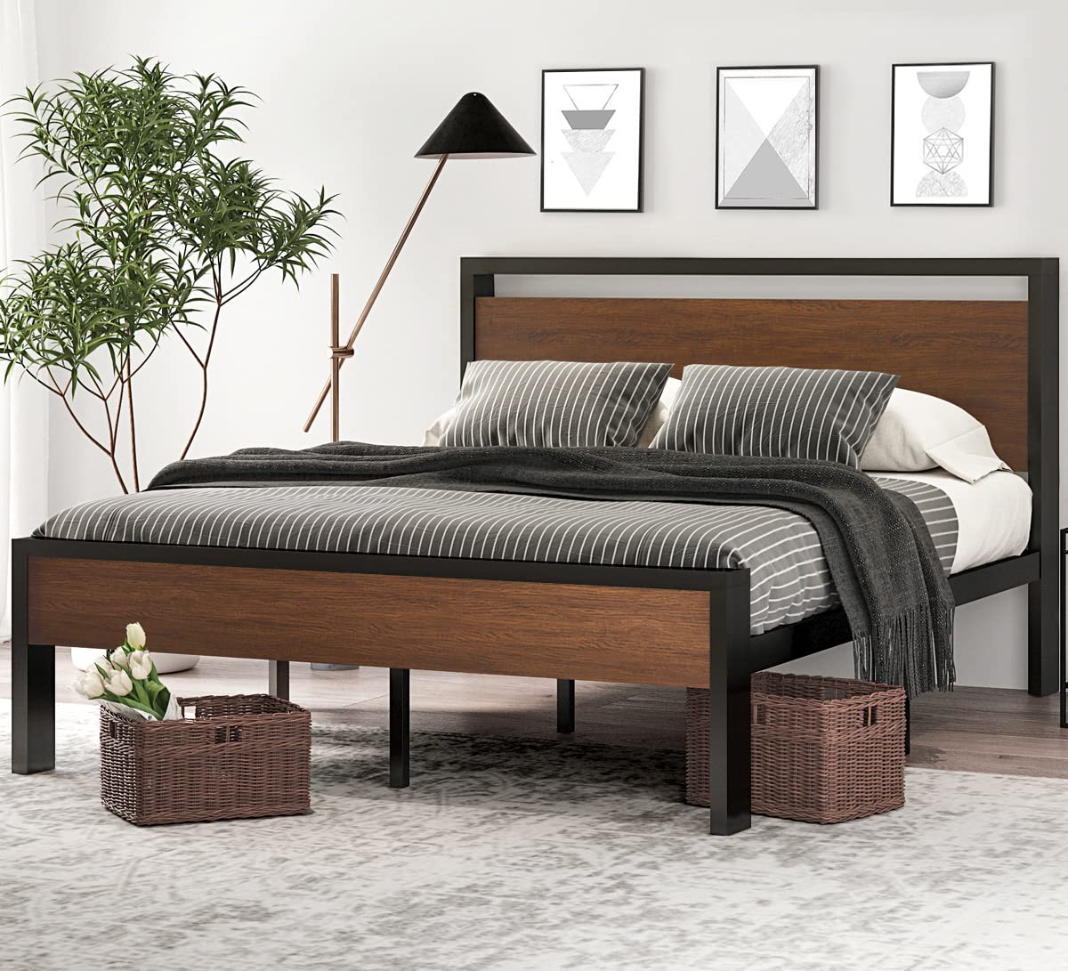 SHA CERLIN 14 Inch King Size Metal Platform Bed Frame with Wooden Headboard and Footboard, Mattress Foundation, No Box Spring Needed, Large Under Bed Storage, Walnut