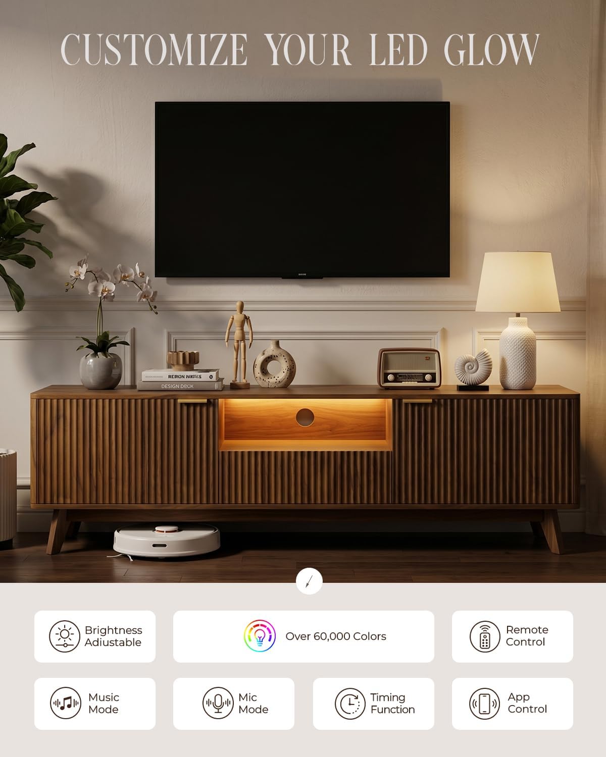 70 Inch Fluted TV Stand with Storage for Living Room, Walnut