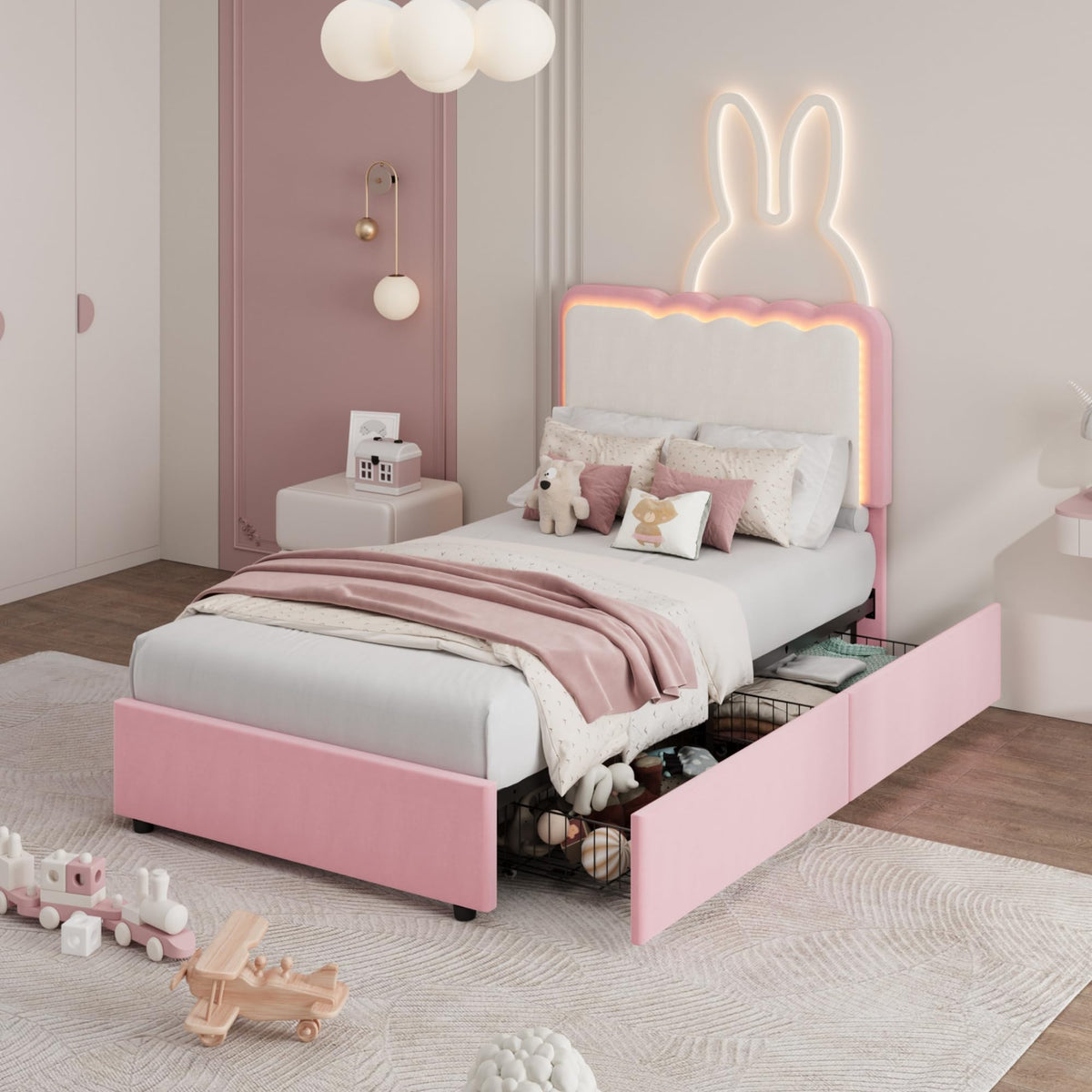 Garvee Irregular Wave LED 2-Drawer Soft Upholstered Bed, Soft Padding