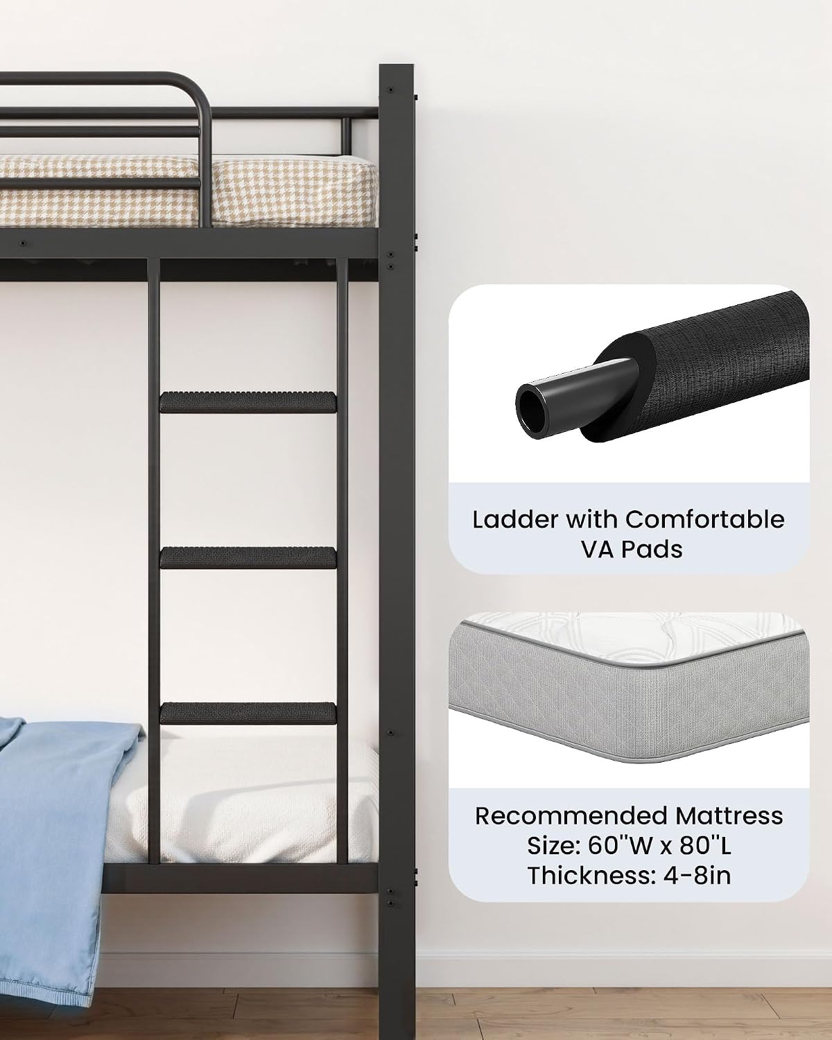 Queen over Queen Bunk Bed, Heavy Duty Bed frame with Ladder & Guardrails