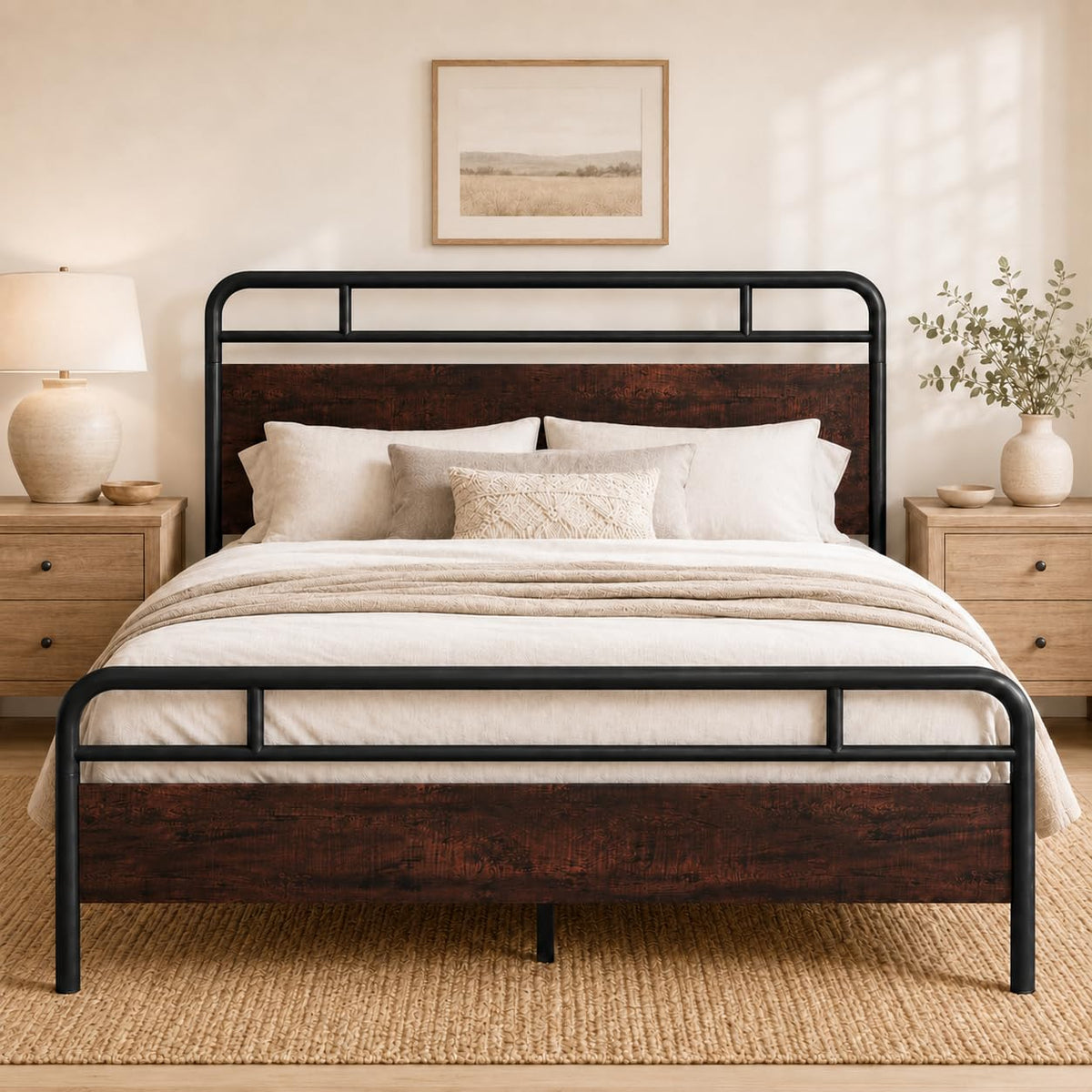 Allewie Queen Size Industrial Bed Frame with Wood Panels, Walnut